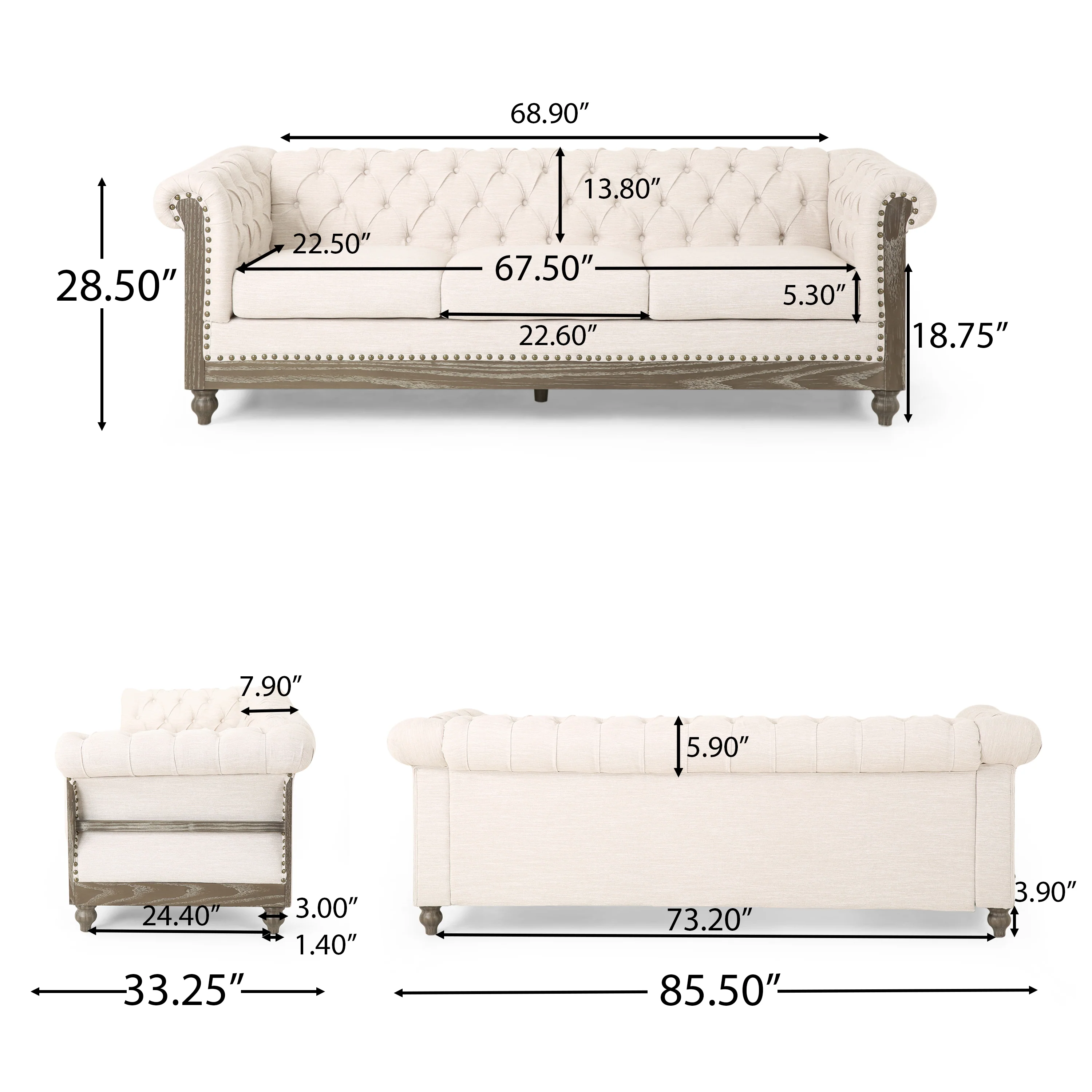 Bowes Chesterfield Tufted 3 Seater Sofa with Nailhead Trim - furnishings