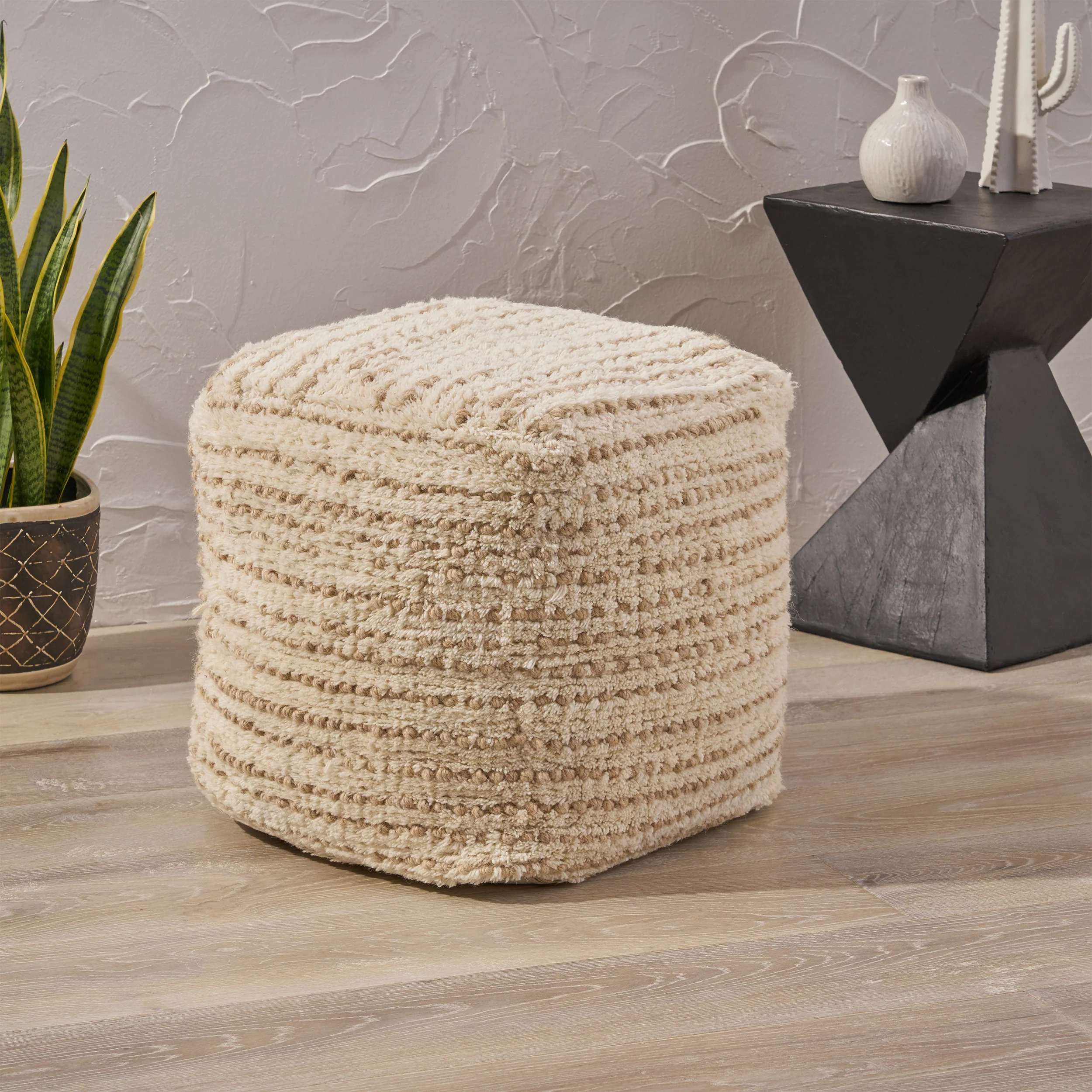 Ewelina Boho Wool and Cotton Ottoman Pouf - furnishings