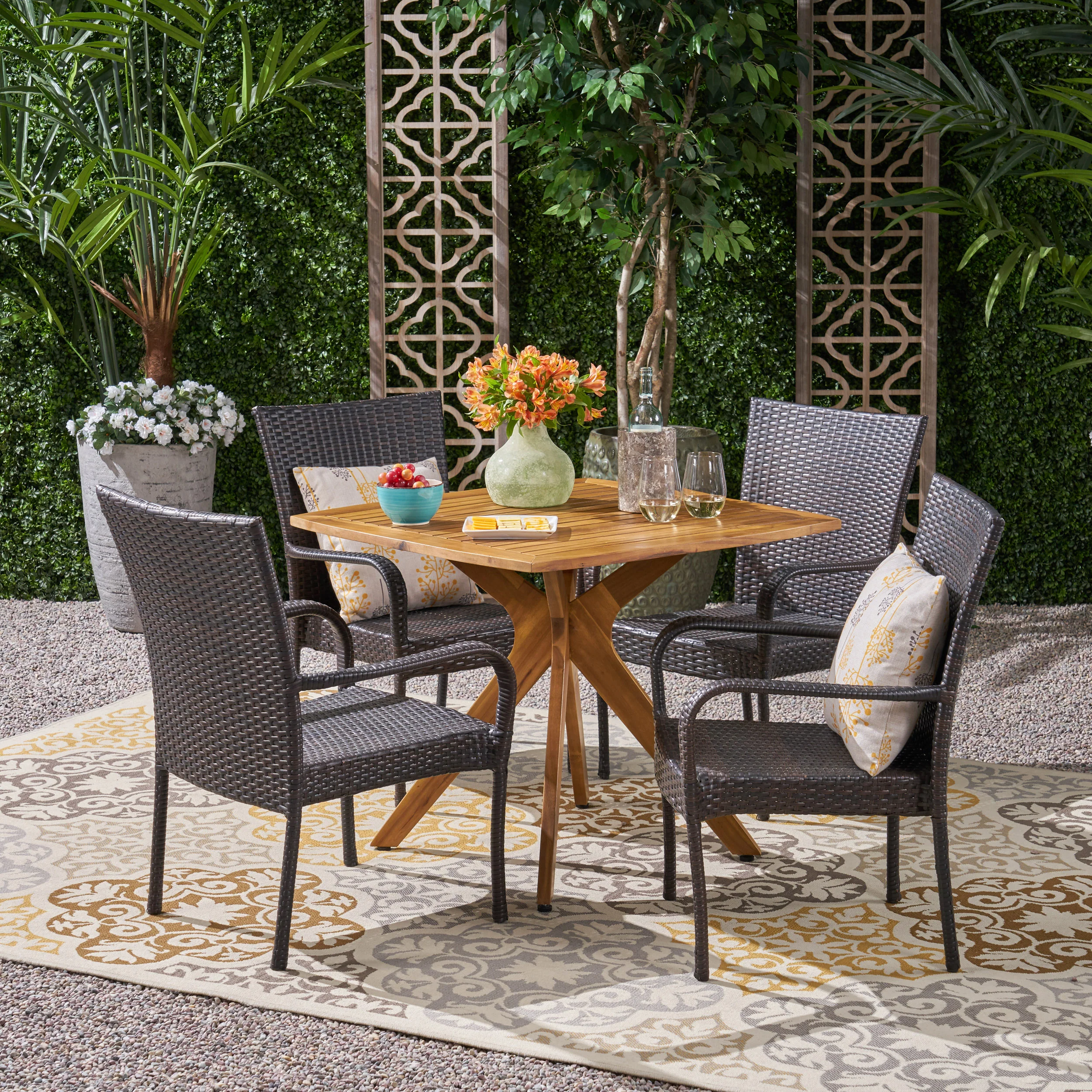 Stanford Outdoor 5 Piece Wood and Wicker Dining Set - furnishings