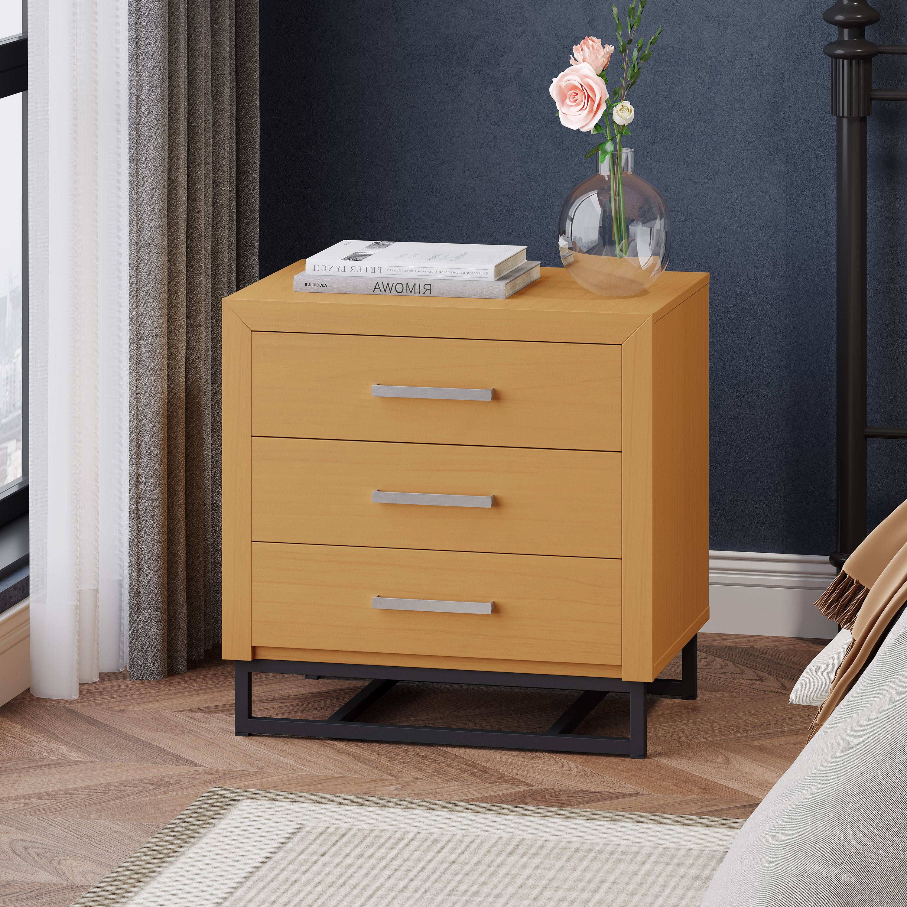 Borah Contemporary Faux Wood 3 Drawer Nightstand, Set of 2 - furnishings