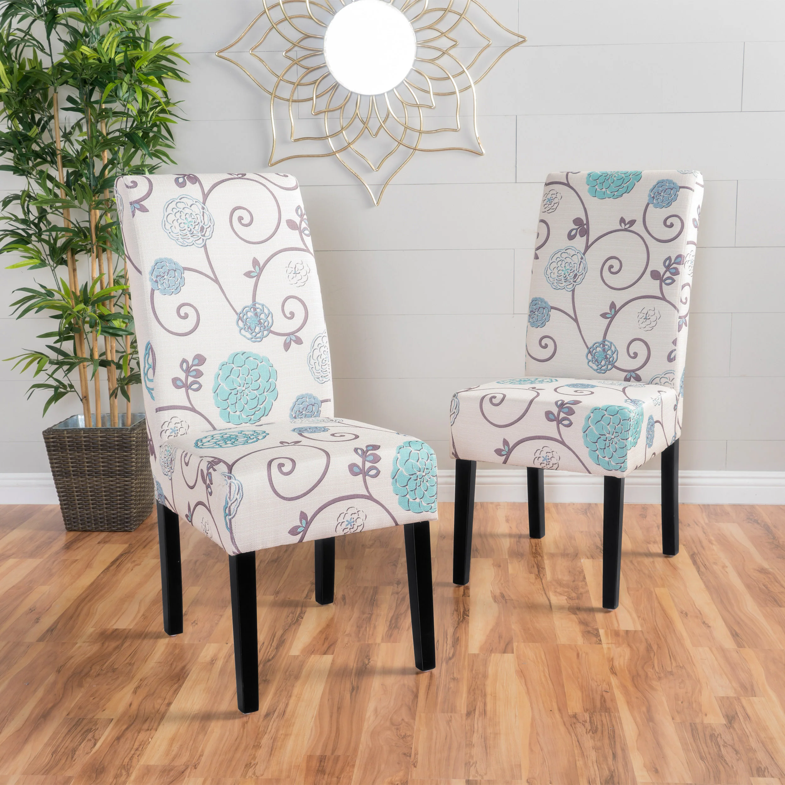 Percival White and Blue Floral Fabric Dining Chair, Set of 2 - furnishings