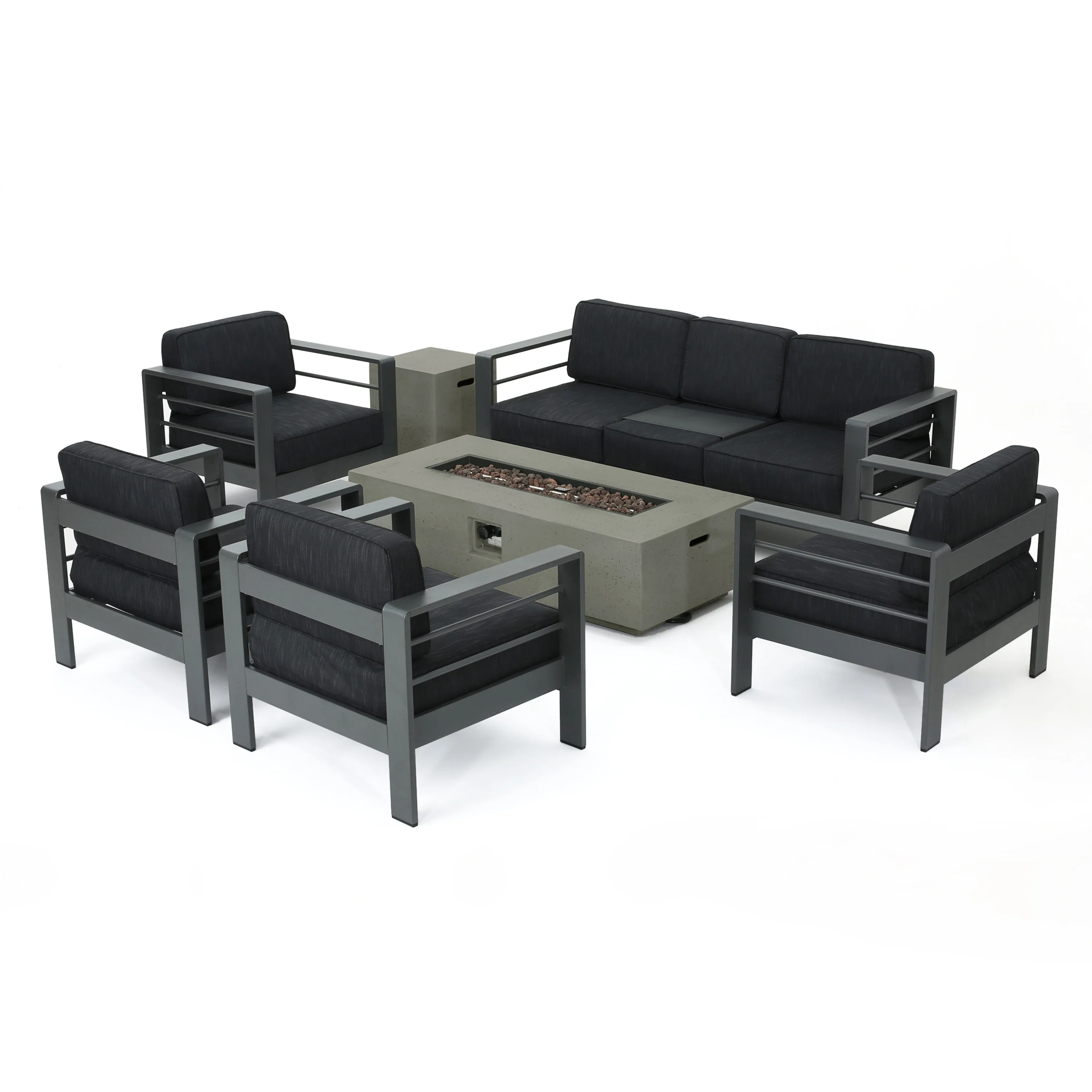 Coral Bay Outdoor Gray Aluminum 7 Piece Sofa Chat Set with Fire Table - furnishings