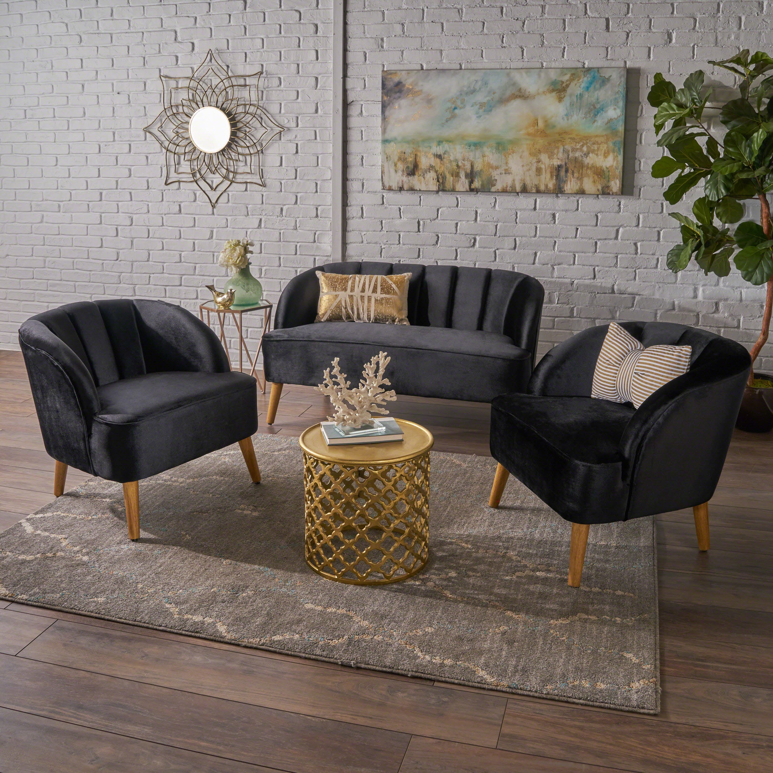 Scarlett Velvet 3-Piece Velvet Chairs & Couch Living Room Set - furnishings