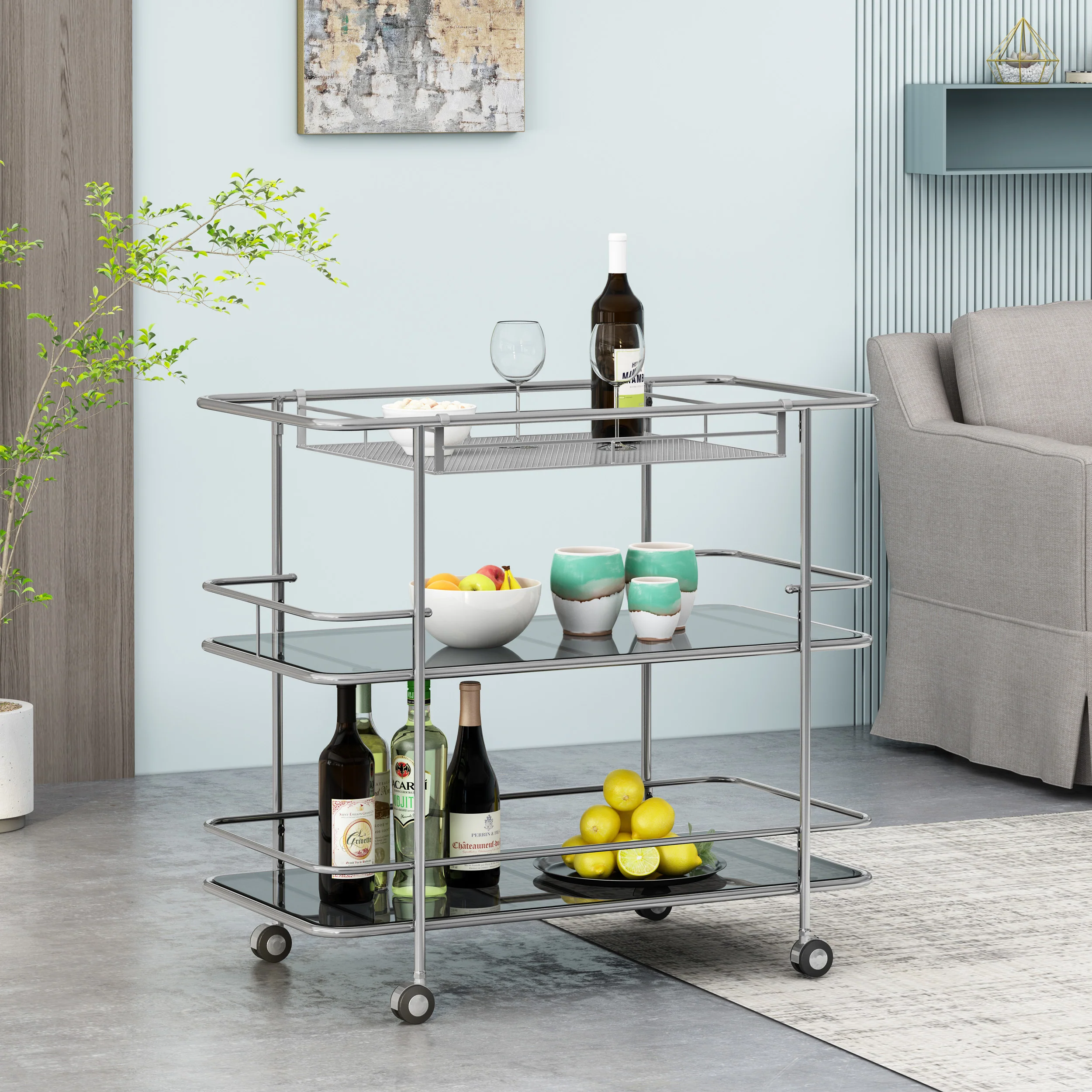 Galata Modern 3 Tier Bar Cart with Glass Shelving, Silver and Black - furnishings