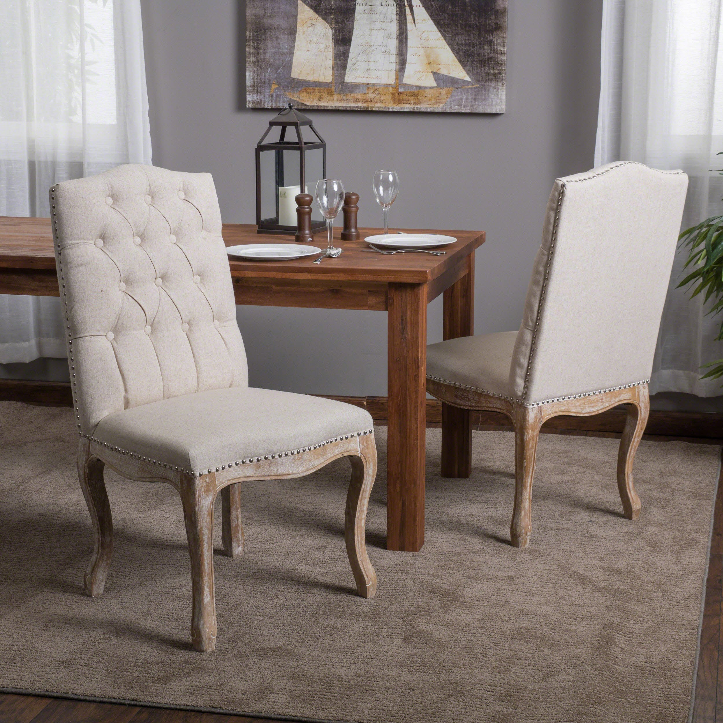 Jolie Traditional Button Tufted Fabric Dining Chairs with Curved Legs (Set of 2) - furnishings