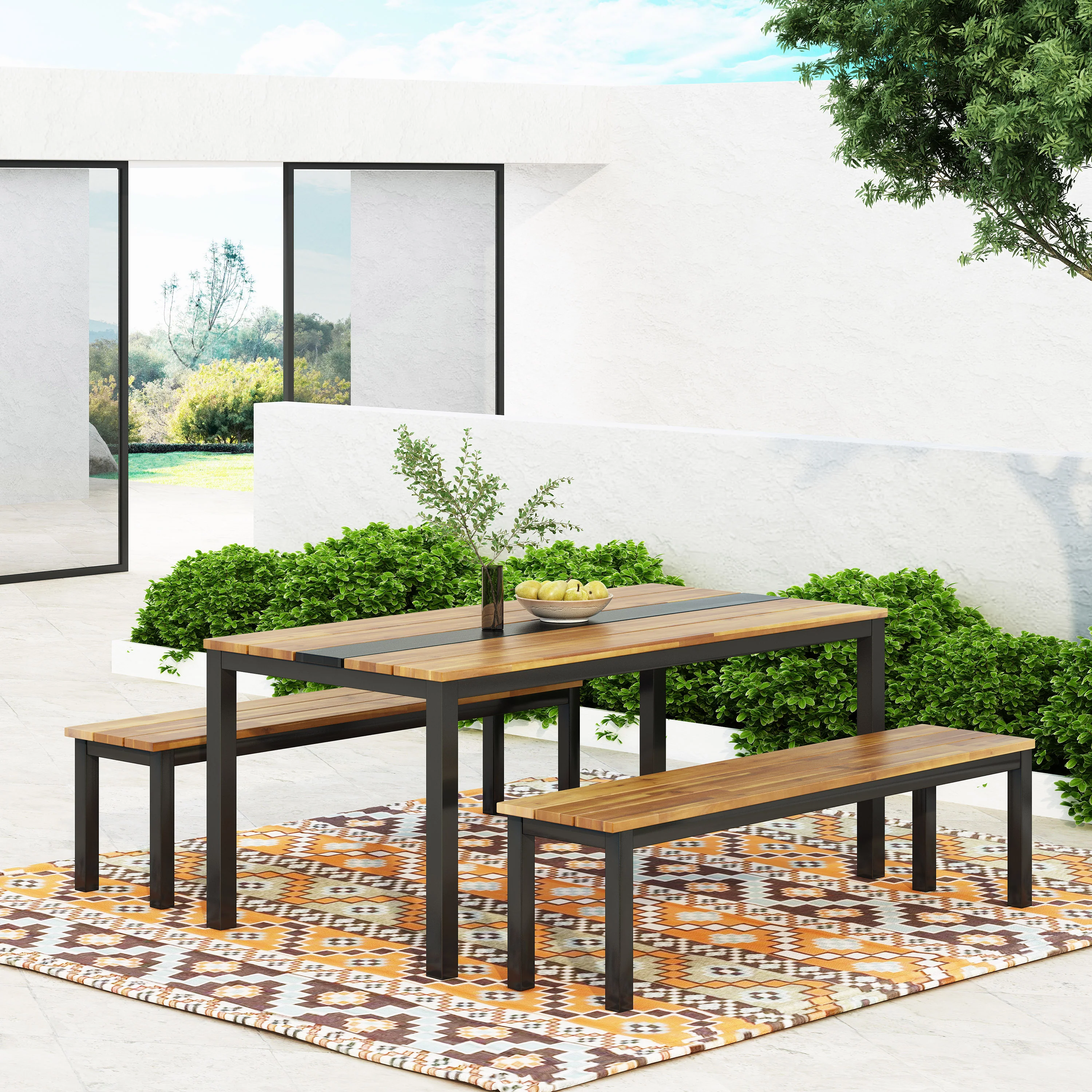 Colcord Outdoor Modern Industrial Acacia Wood 3 Piece Picnic Set, Teak and Black - furnishings