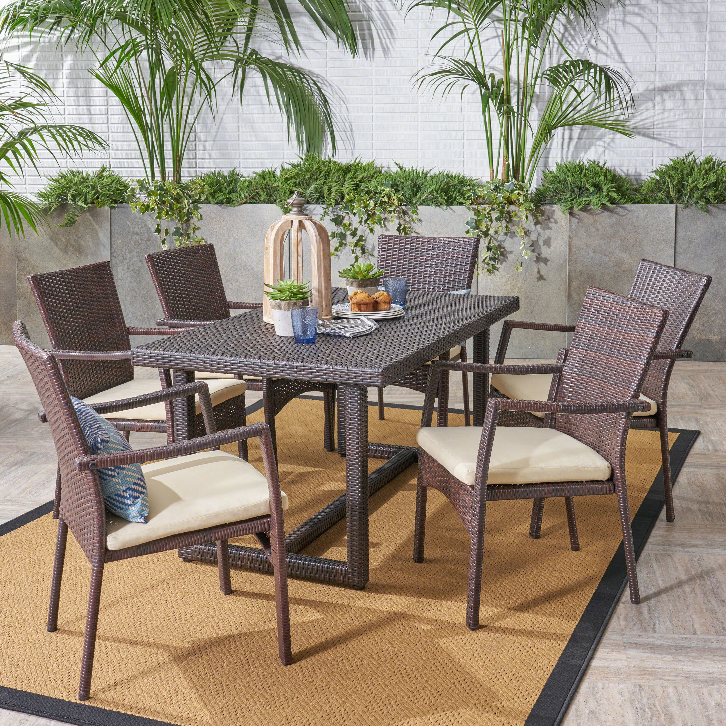 Able Outdoor Transitional 7-Piece Multi-Brown Wicker Dining Set with Cushions - furnishings