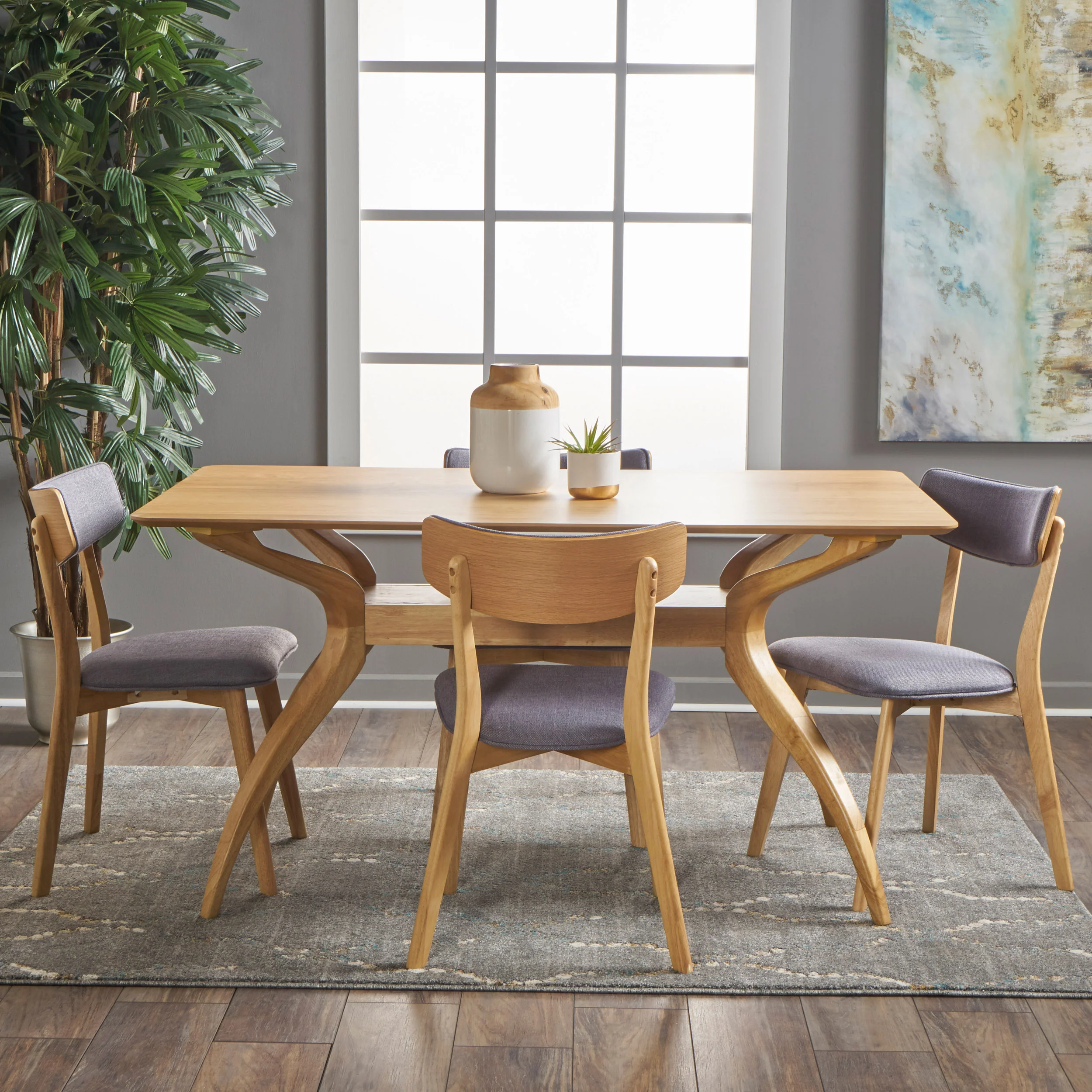 Nasseen Mid Century Finished 5 Piece Wood Dining Set with Fabric Chairs - furnishings