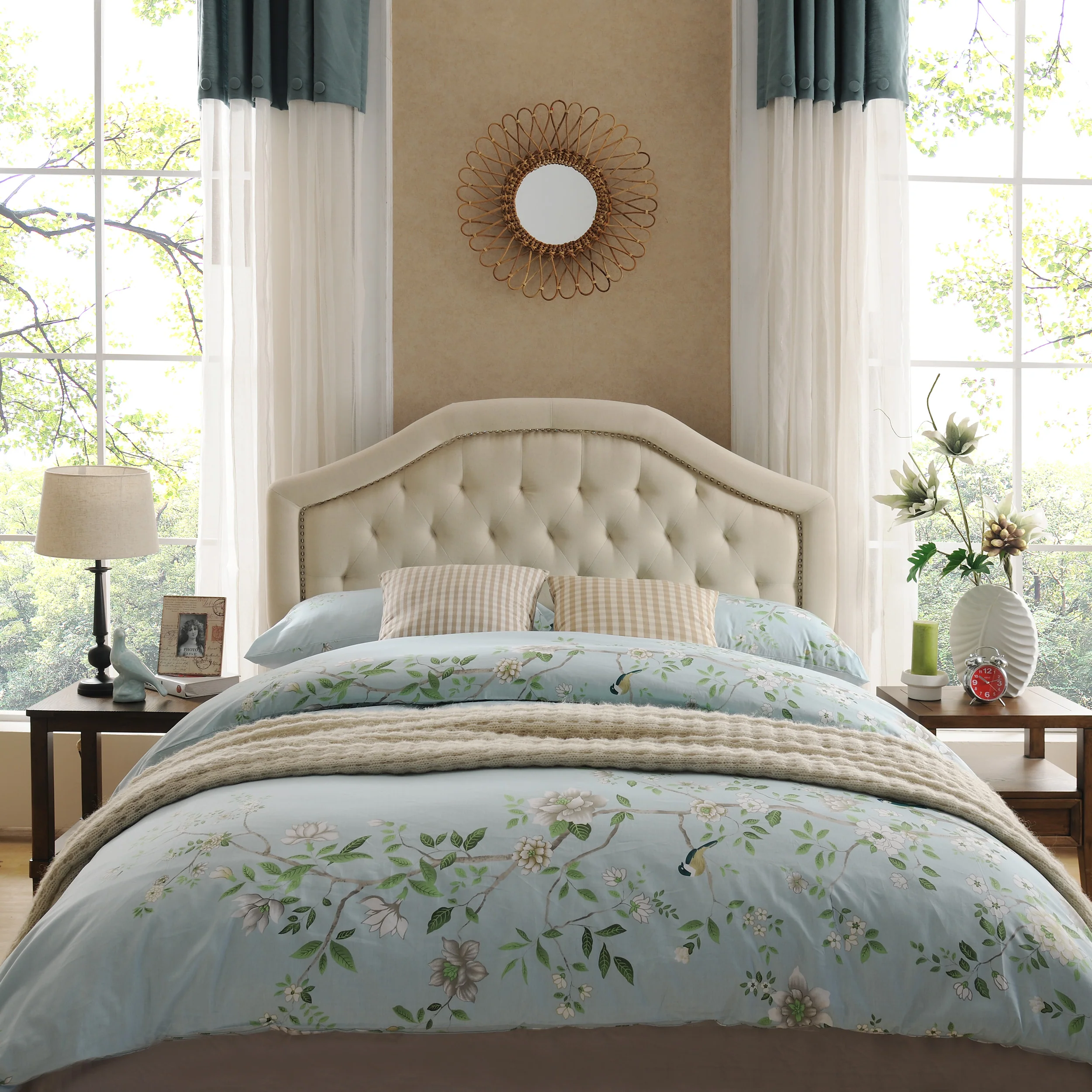 Maizyl Contemporary Queen/Full Beige Upholstered Headboard w/ Nailhead Accents - furnishings