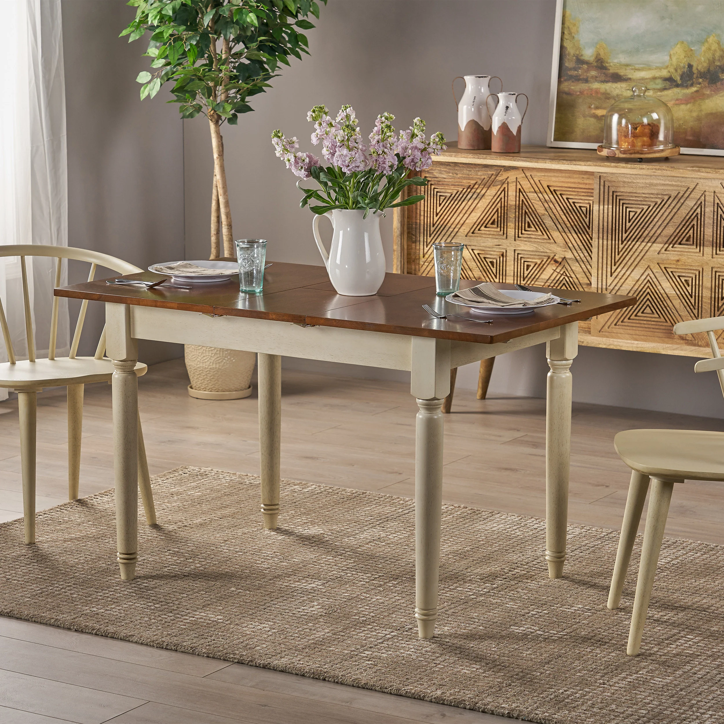 Broughton Rustic Wood Dining Table with Extendable Leaf, Dark Oak and Antique White - furnishings