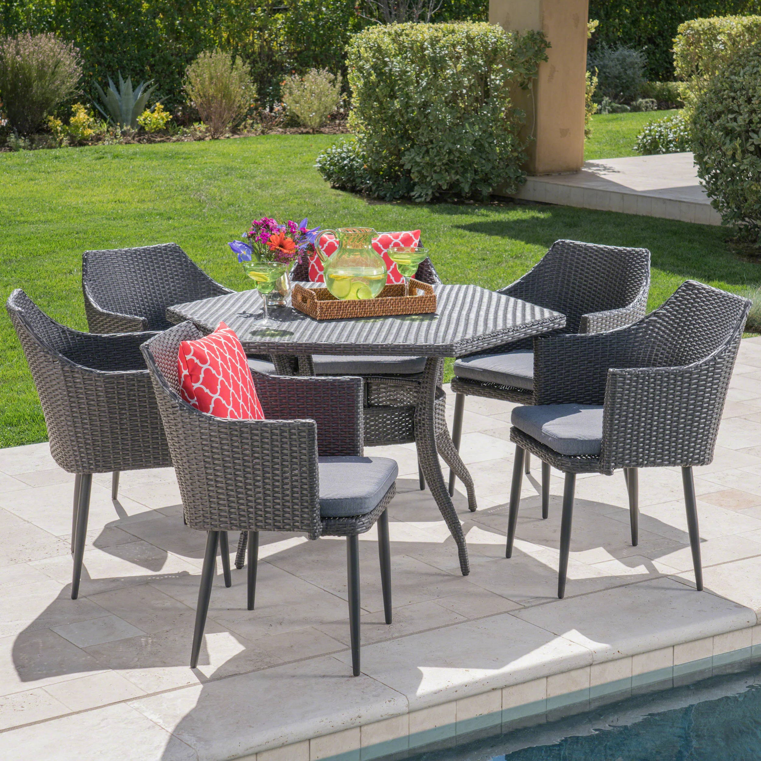 Andre Outdoor 7 Piece Wicker Hexagon Dining Set with Water Resistant Cushions - furnishings