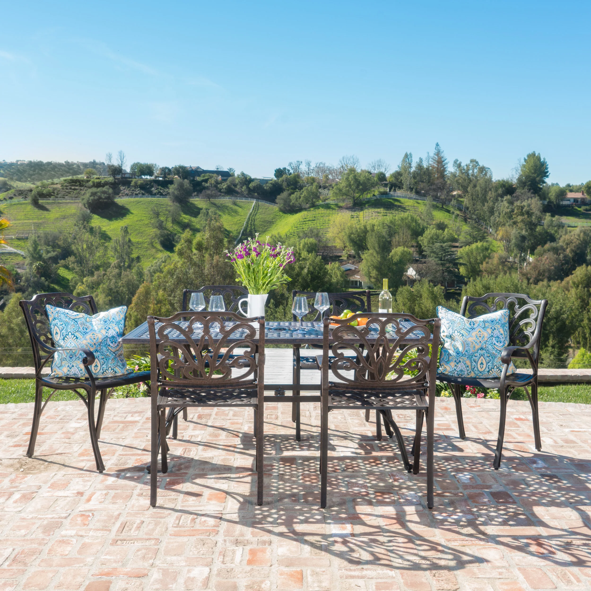 Fonzo Outdoor 7 Piece Bronze Cast Aluminum Rectangular Dining Set - furnishings