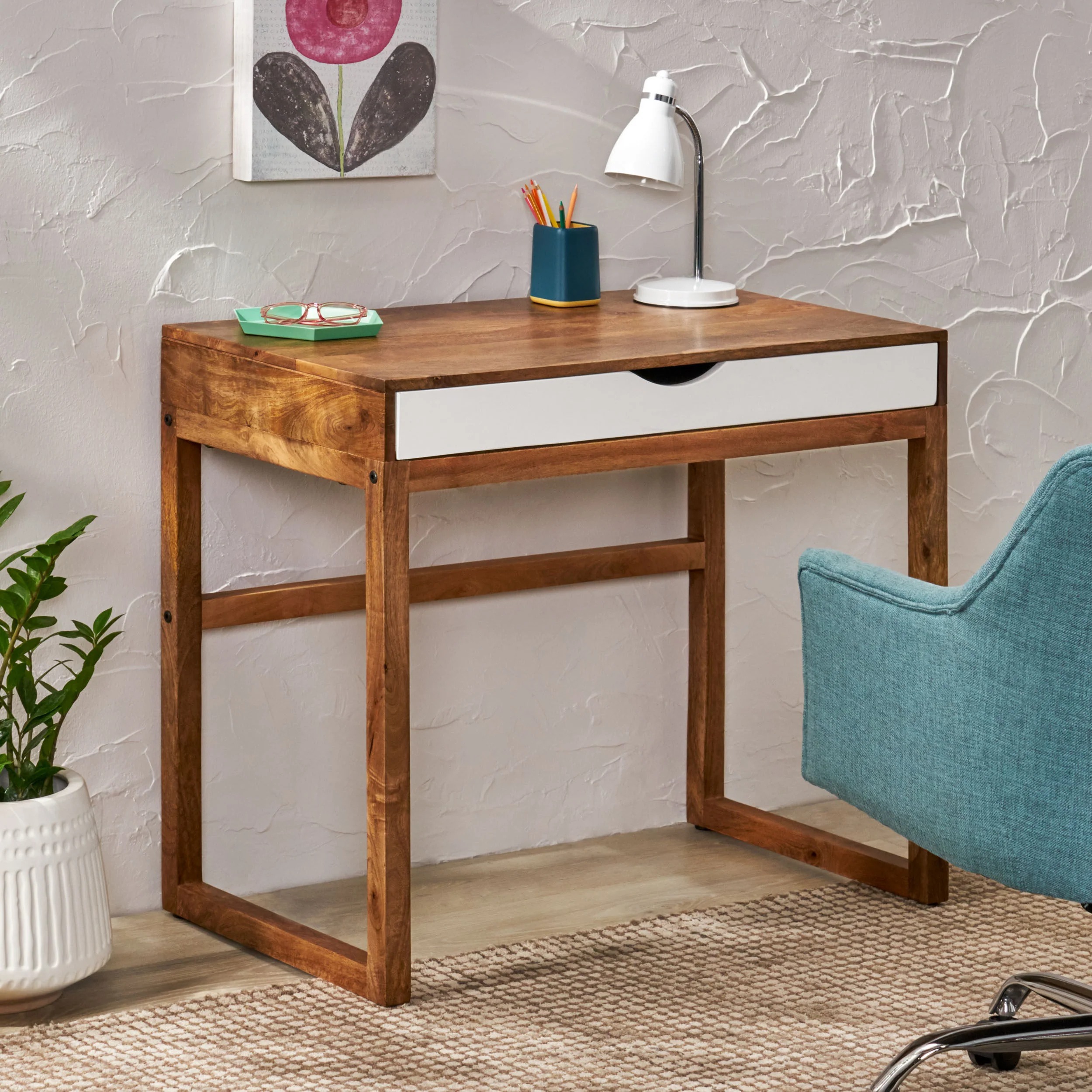 Warrenton Ricketson Contemporary Handcrafted Mango Wood Desk with Storage, Natural and White - furnishings