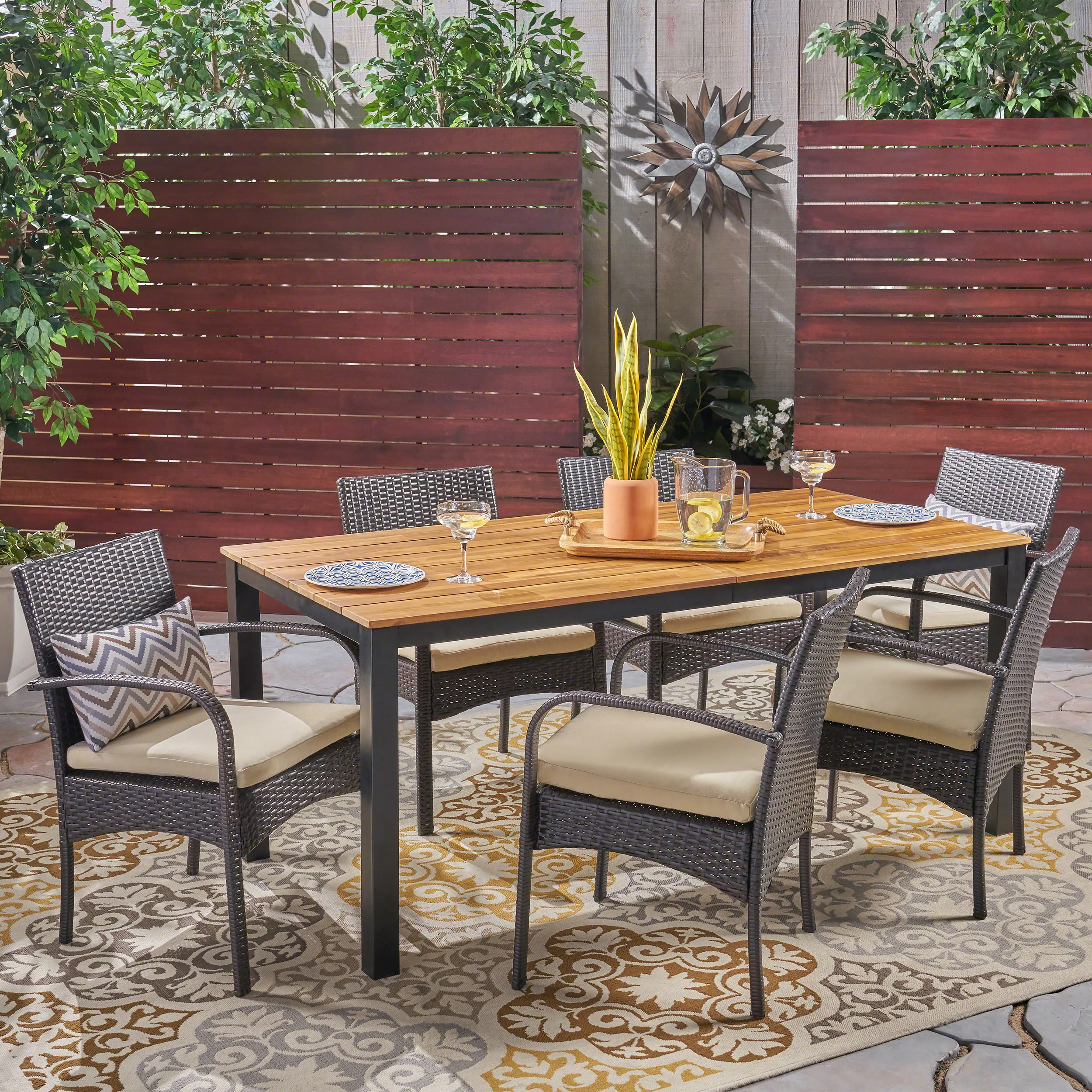Nicole Outdoor 7 Piece Acacia Wood Dining Set with Wicker Chairs, Teak and Multi Brown and Cream - furnishings