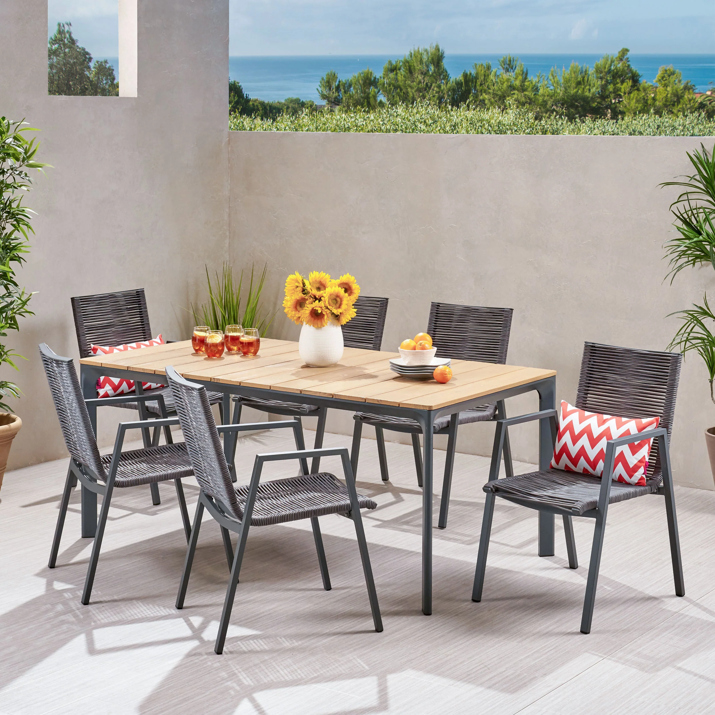 Severide Outdoor Modern 6 Seater Aluminum Dining Set with Eucalyptus Table Top - furnishings