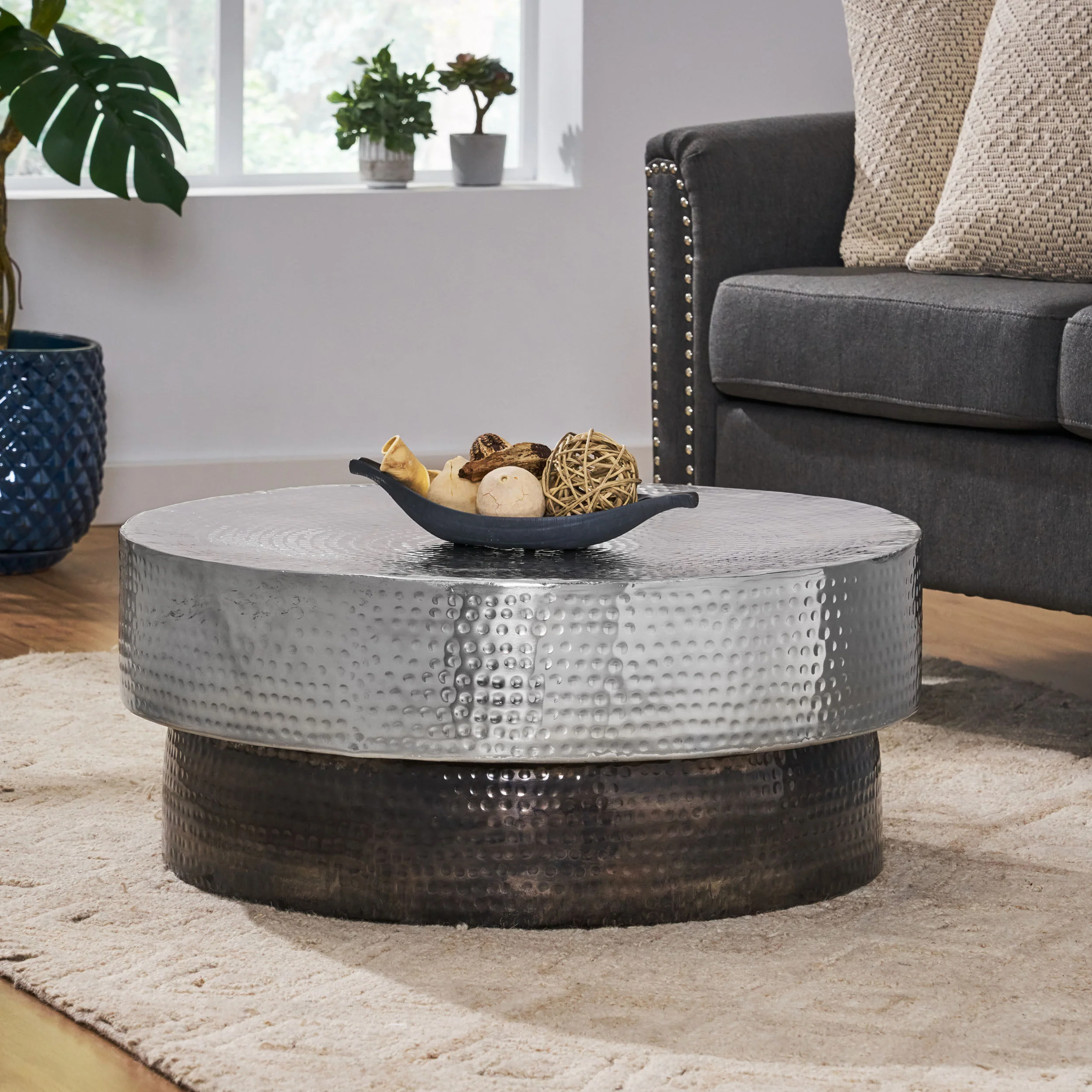 Brenizer Modern Handcrafted Hammered Aluminum Two Toned Coffee Table, Antique Pewter - furnishings