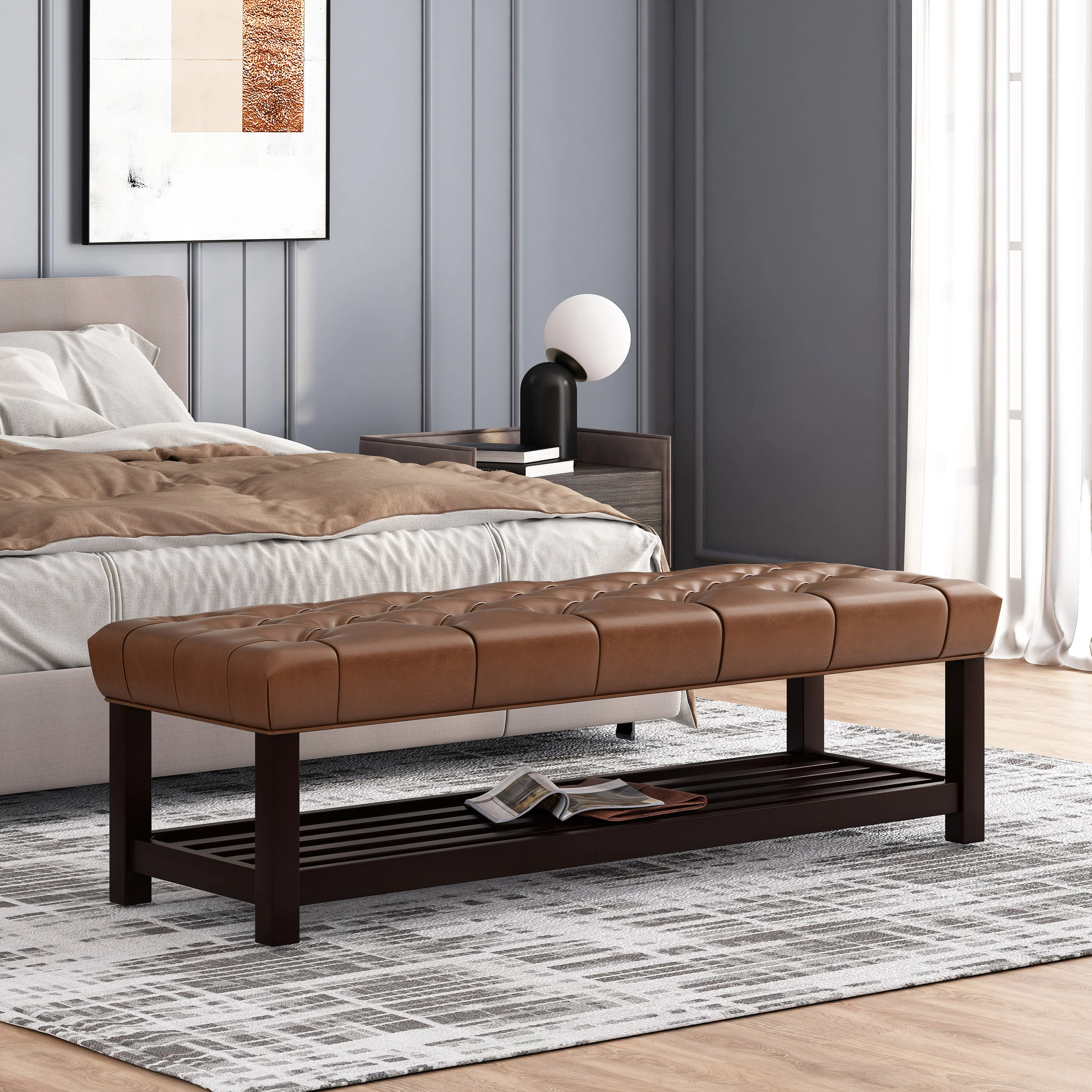Pelon Contemporary Button Tufted Bench with Shelf - furnishings