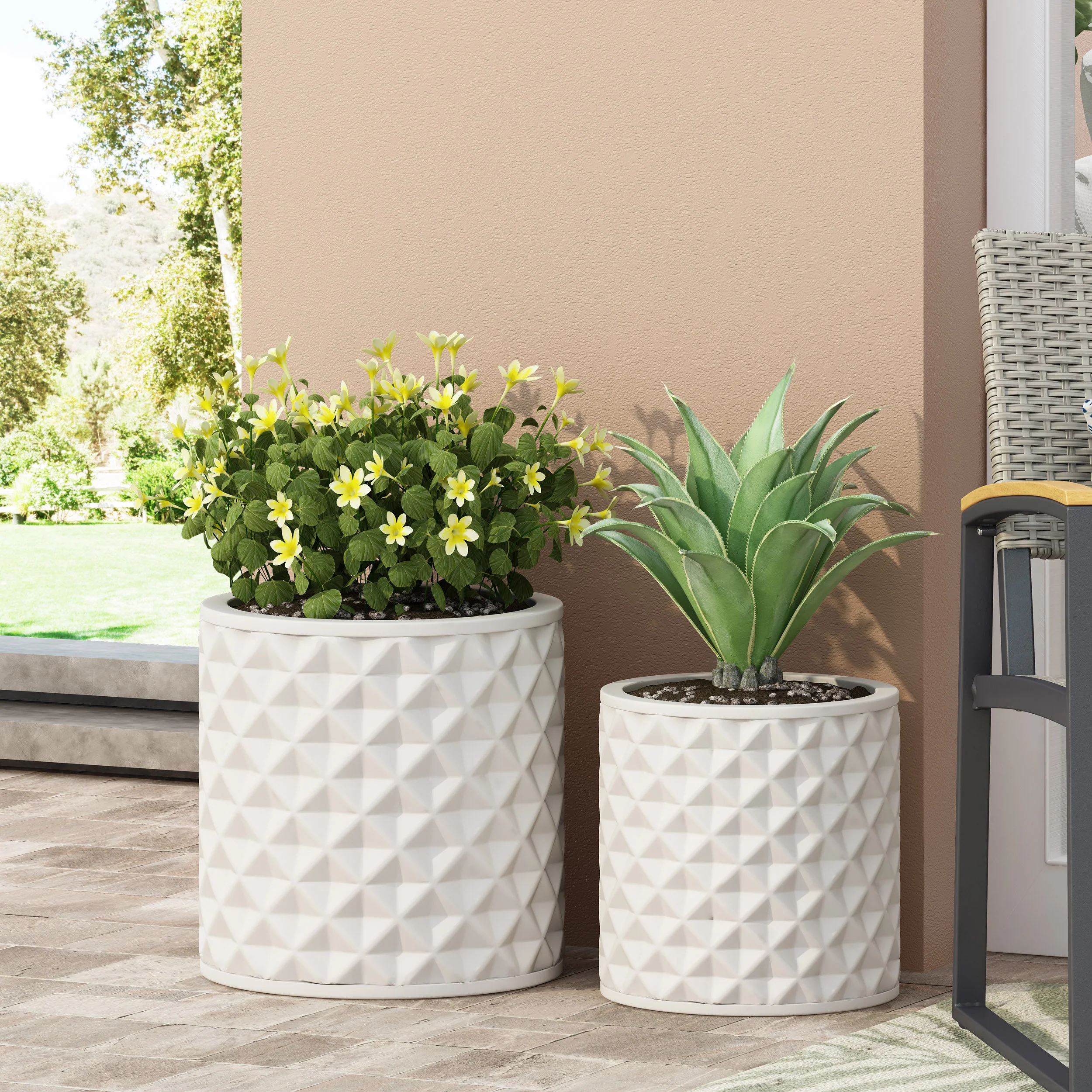 Wilbert Outdoor Medium and Large Cast Stone Planter Set, Antique White - furnishings