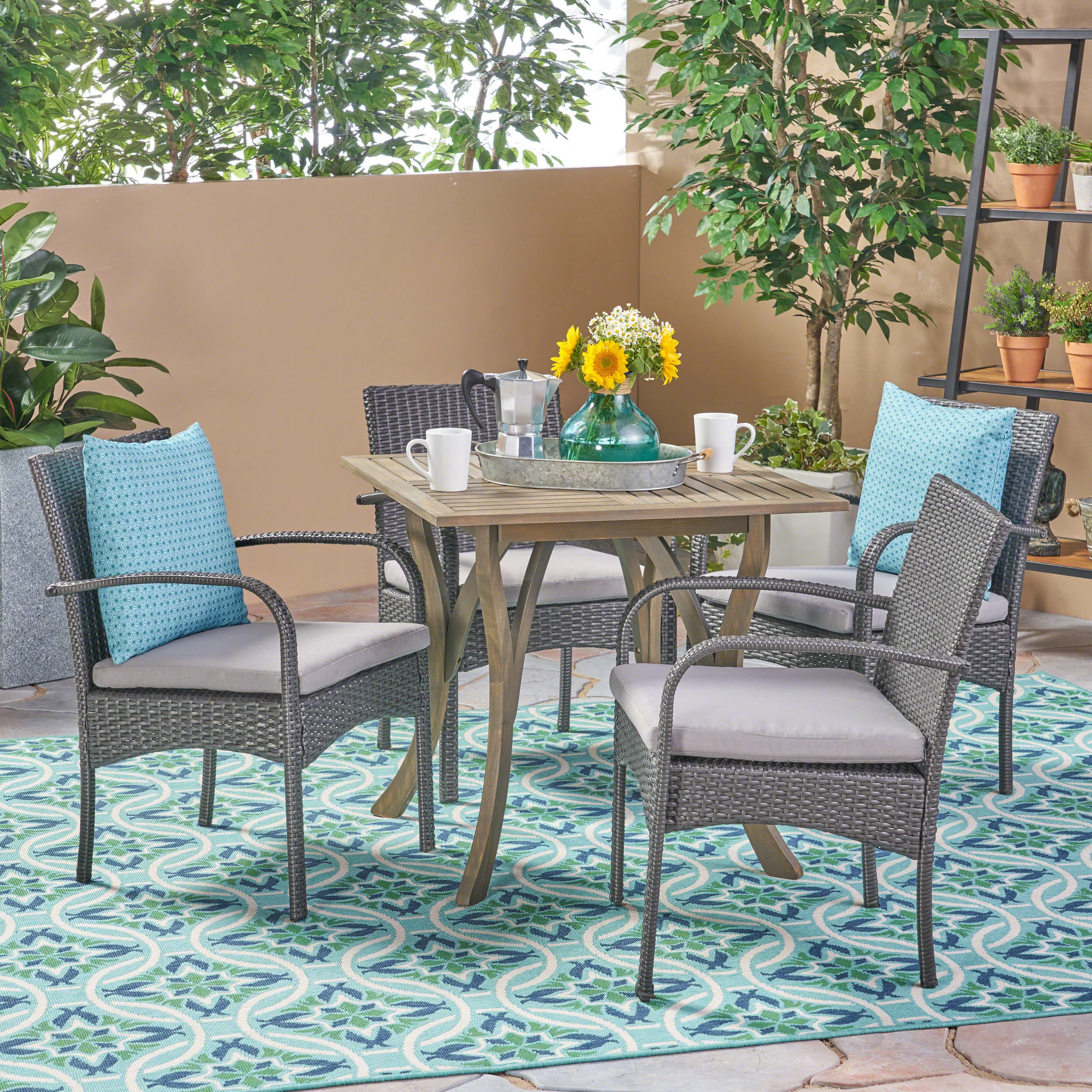 Derek Outdoor 5 Piece Wood and Wicker Square Dining Set, Gray and Gray - furnishings