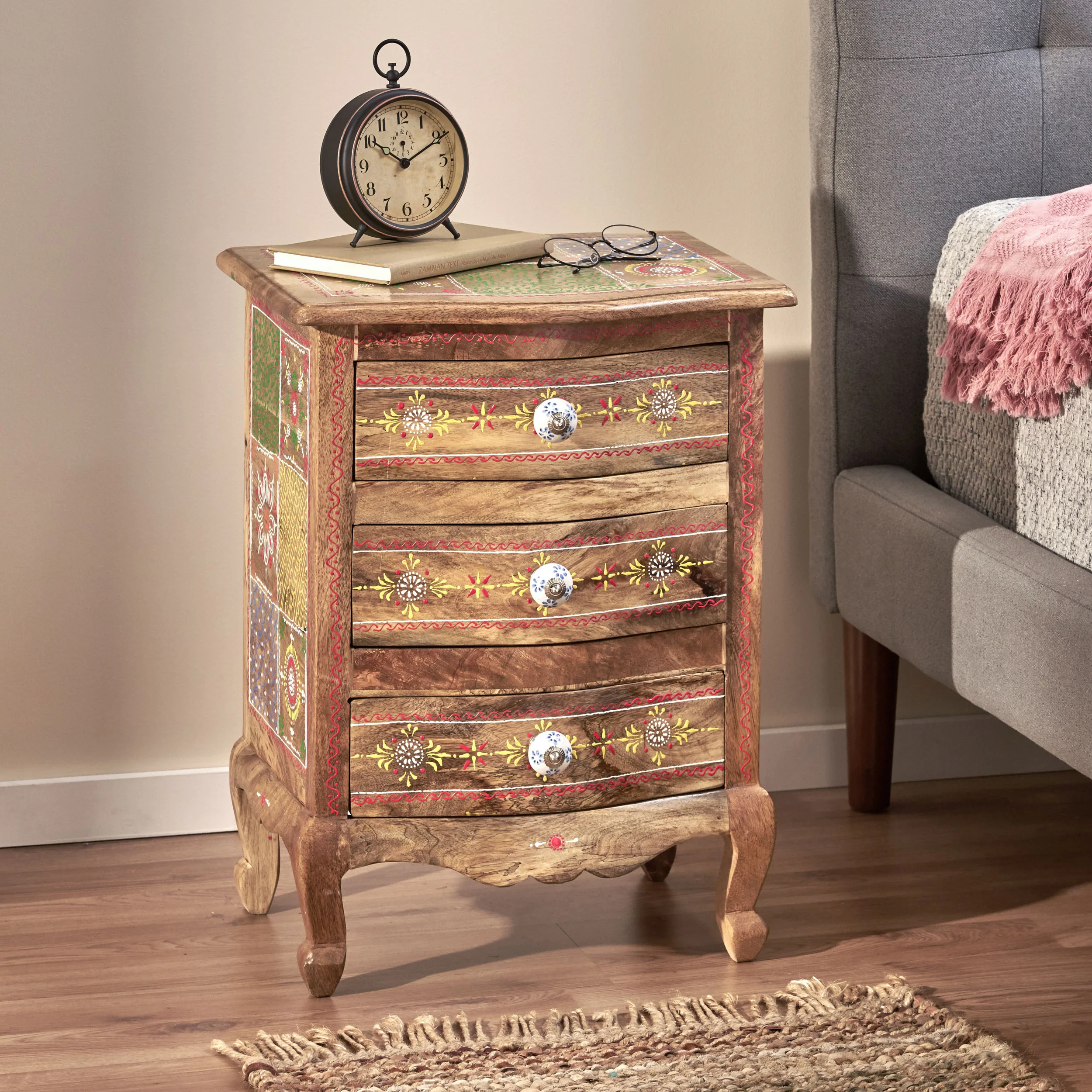 Valdosta Handcrafted Boho Mango Wood 3 Drawer Nightstand - furnishings