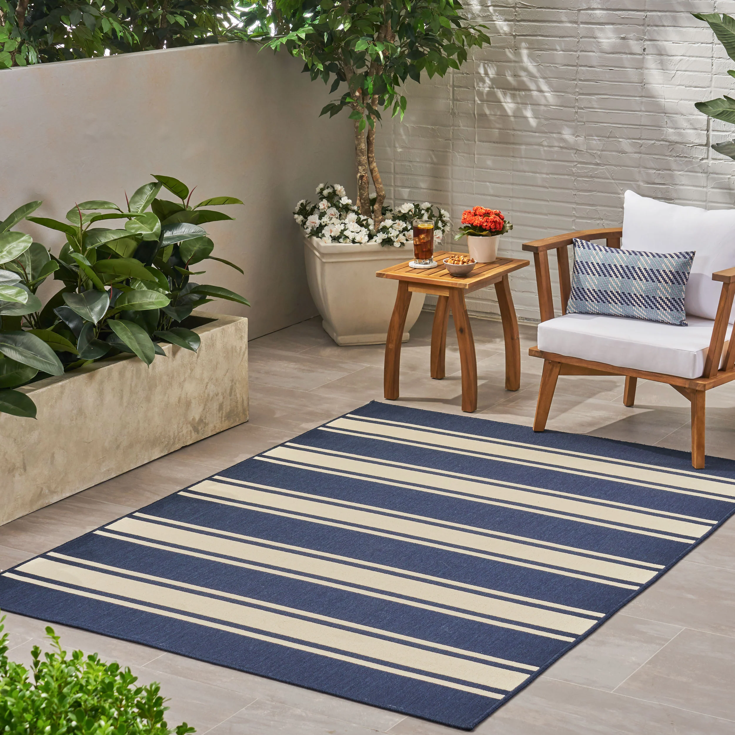 Julia Outdoor Stripe Area Rug, Navy and Ivory - furnishings