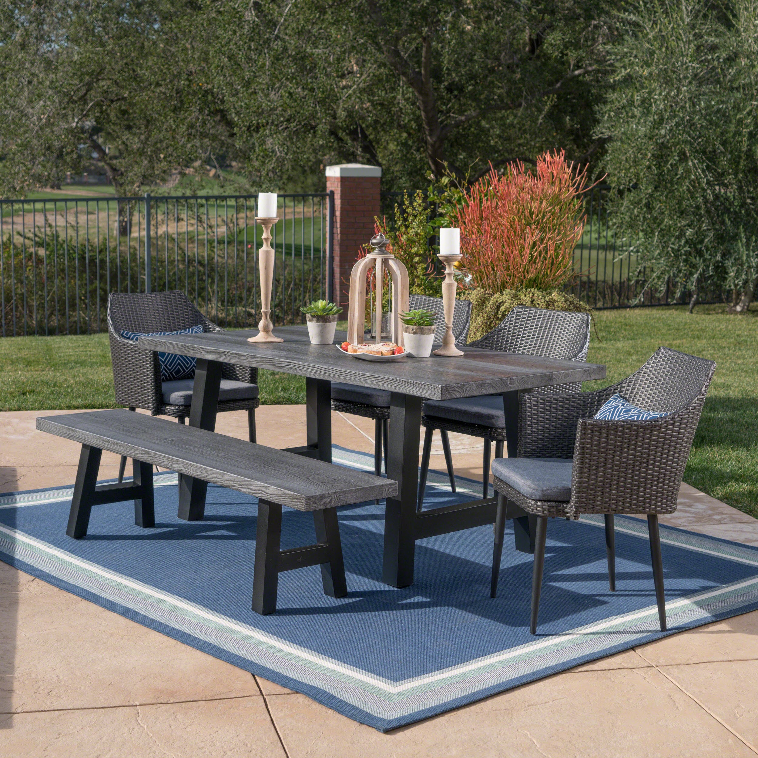 Blanche Outdoor 6 Piece Wicker Dining Set with Concrete Table and Bench - furnishings