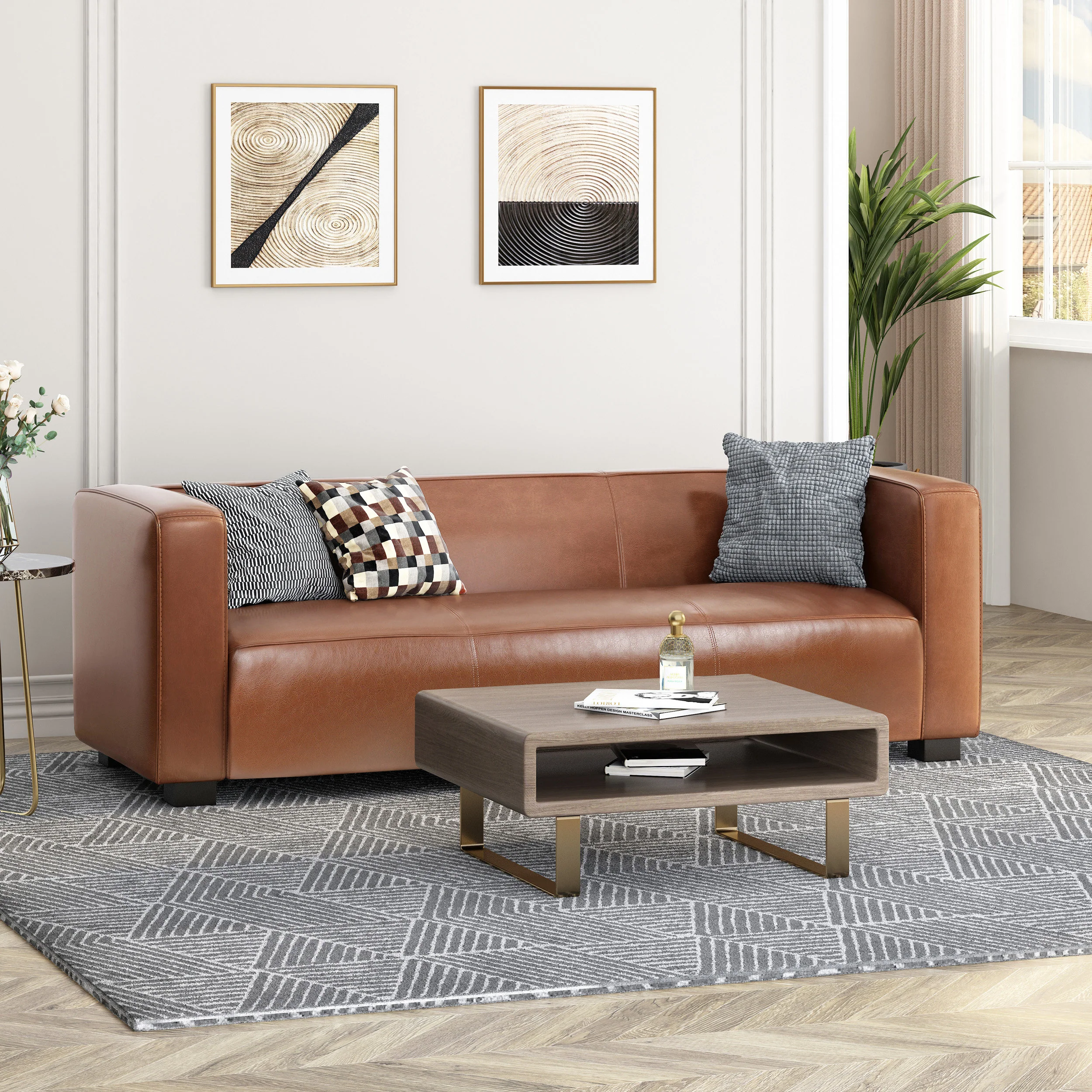 Minkler Contemporary Faux Leather 3 Seater Sofa - furnishings