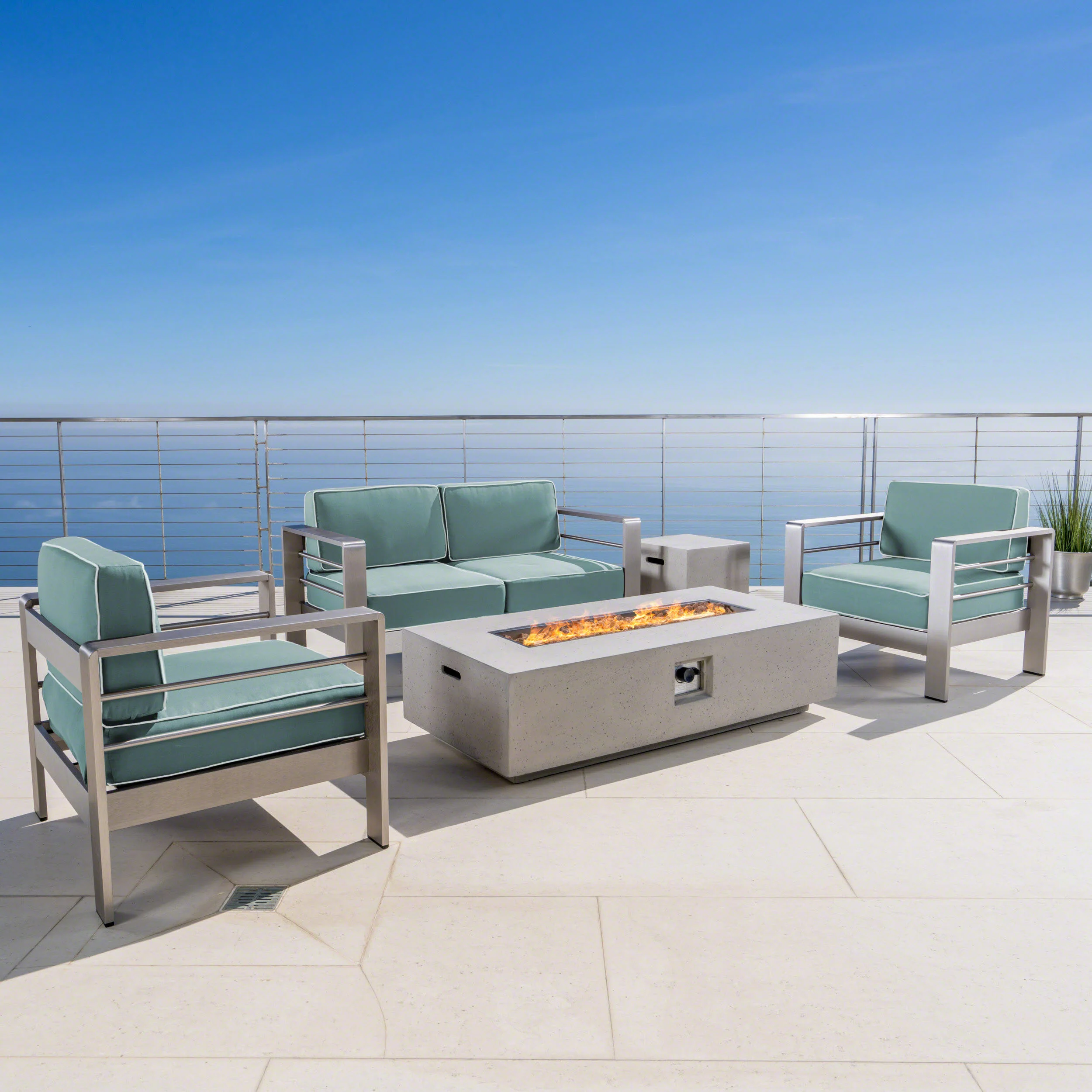 Crested Bay 5pc Modern Outdoor Aluminum Sofa & Chairs Set With Fire Pit - furnishings