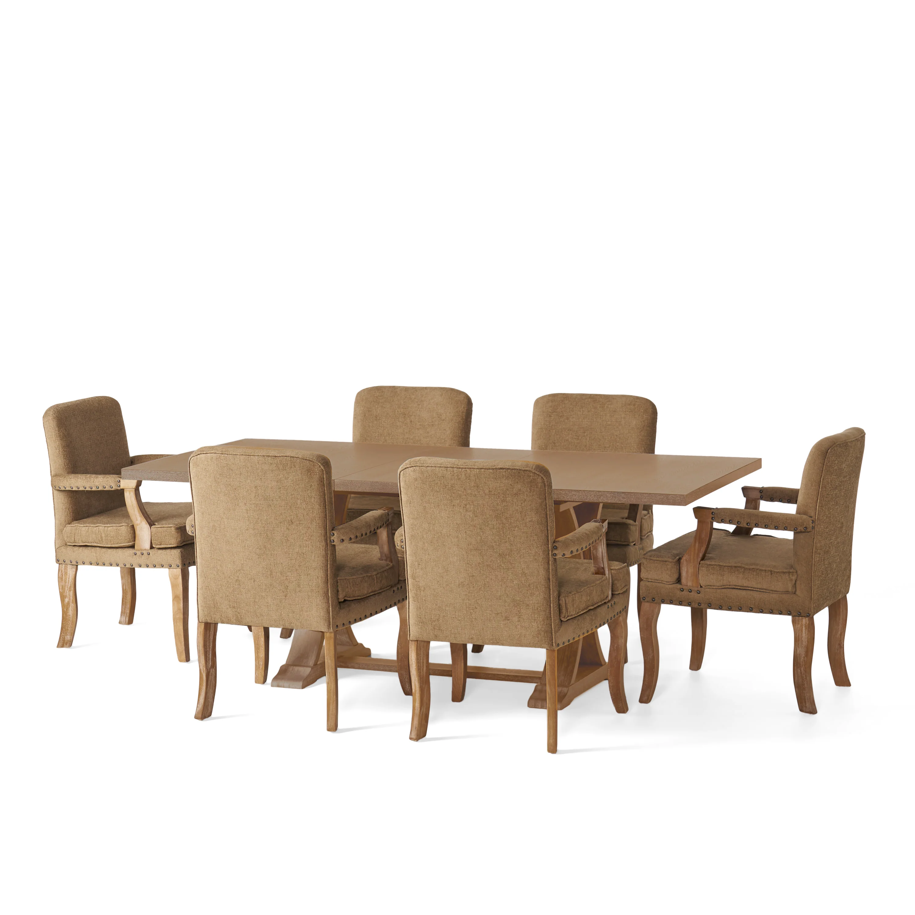 Combes French Country Fabric Upholstered Wood and Cane 7 Piece Expandable Dining Set - furnishings