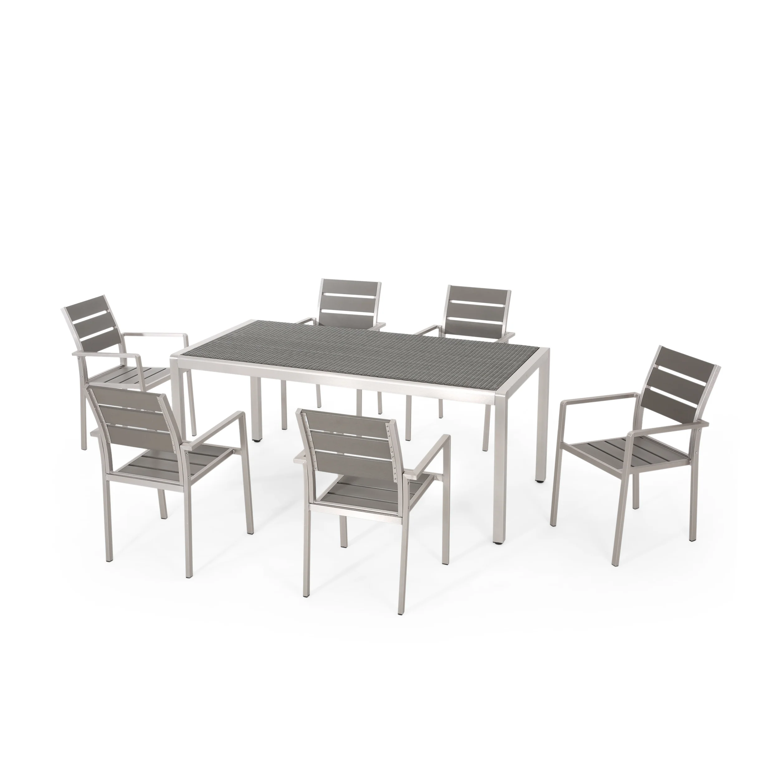 Cherie Outdoor Modern Aluminum 6 Seater Dining Set with Faux Wood Seats - furnishings