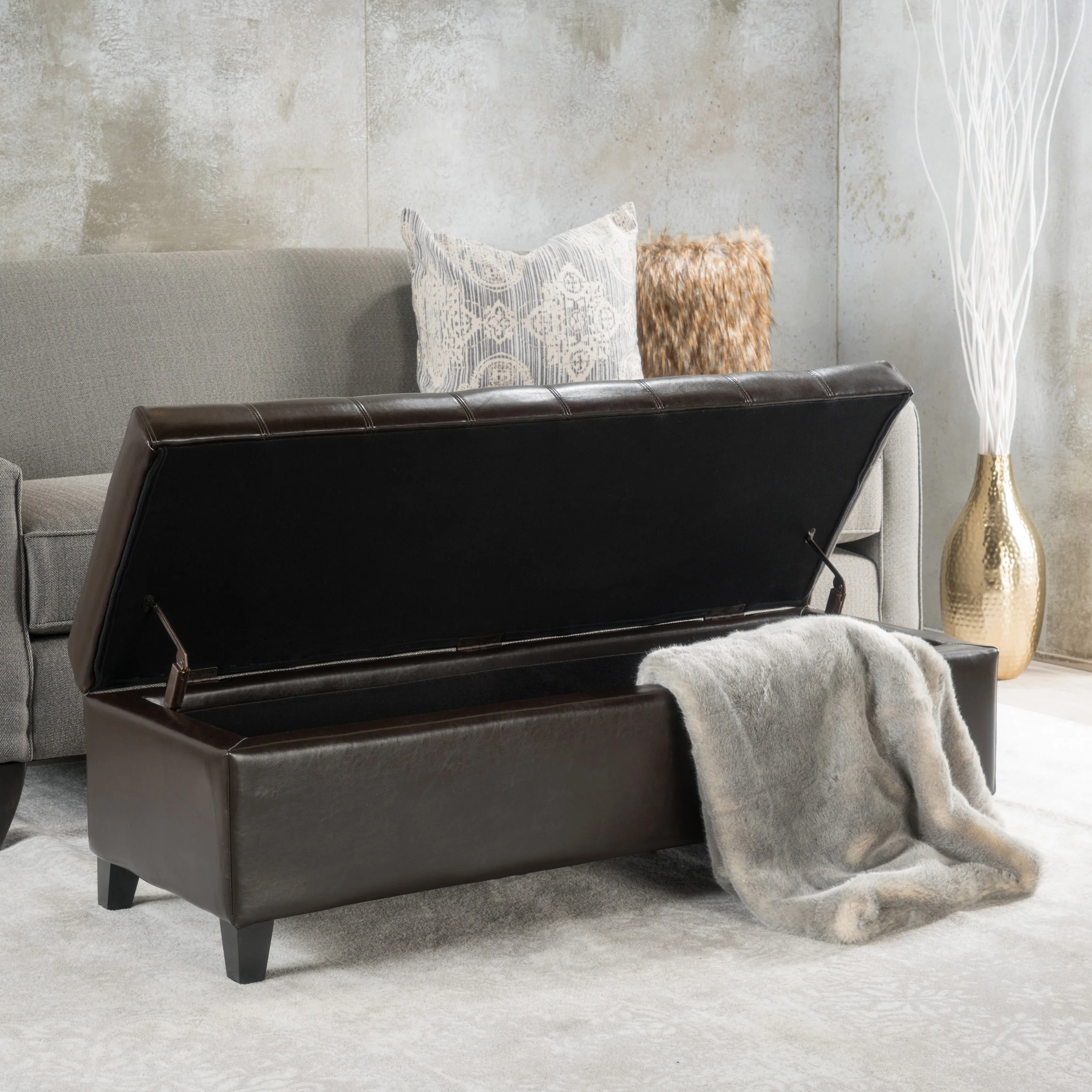 Santa Rosa Brown Tufted Faux Leather Storage Ottoman Bench - furnishings