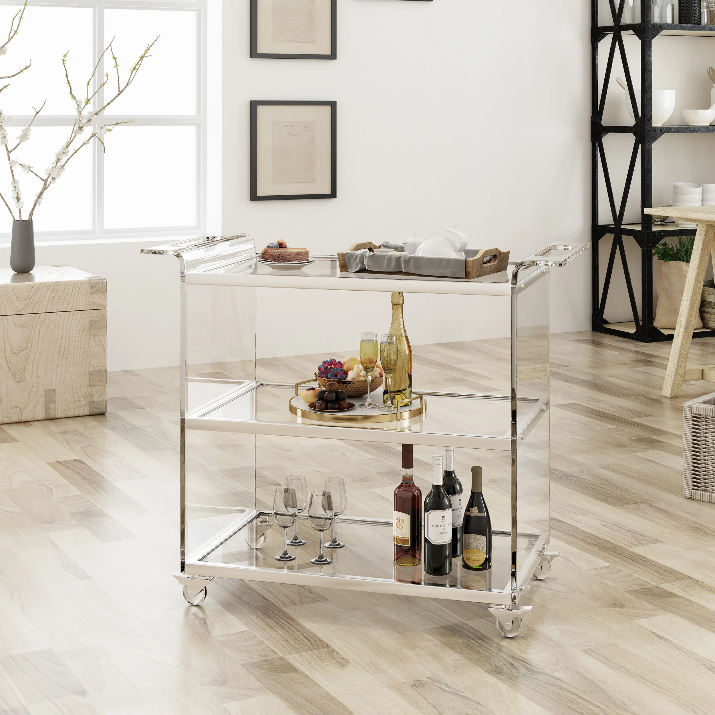 Eve Acrylic Bar Trolley with Glass Shelves, Clear - furnishings