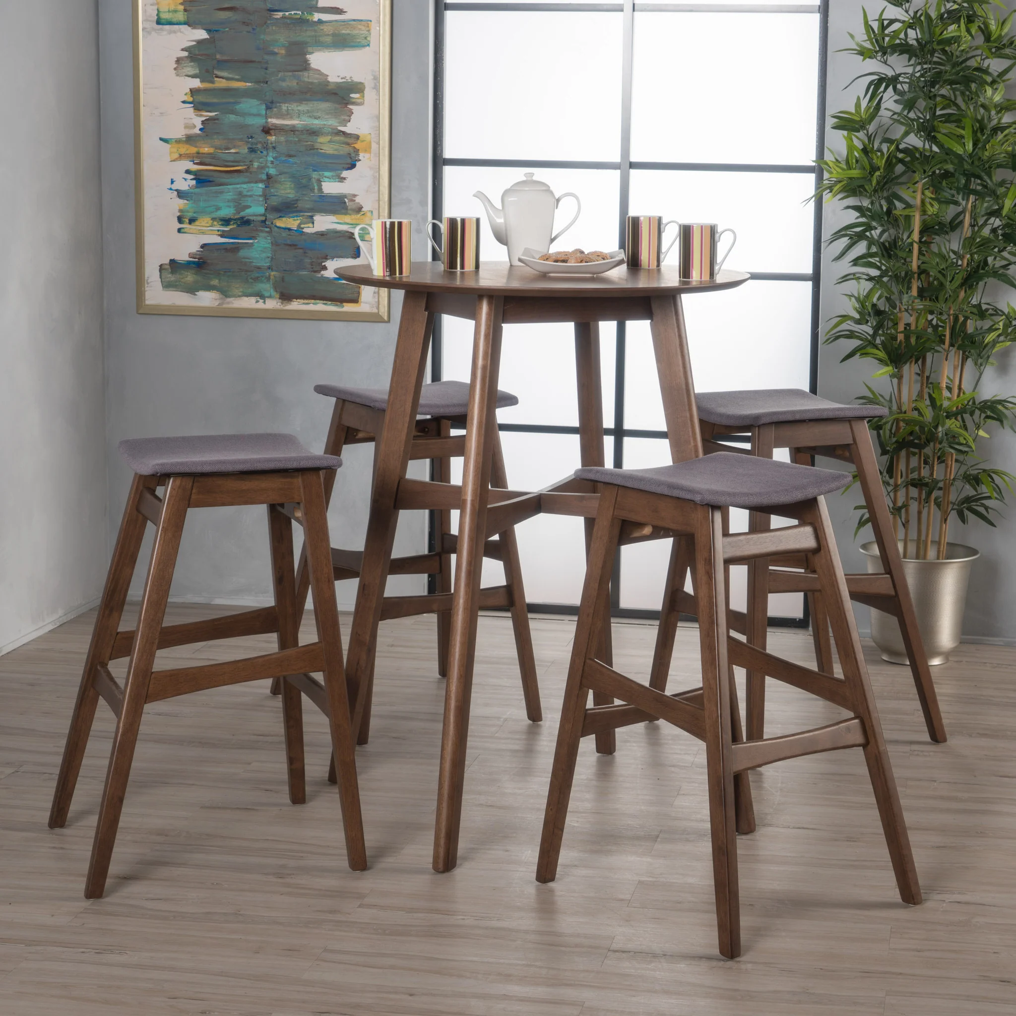 Simi Natural Walnut Finish Circular 5 Piece Bar Height Dining Set - furnishings
