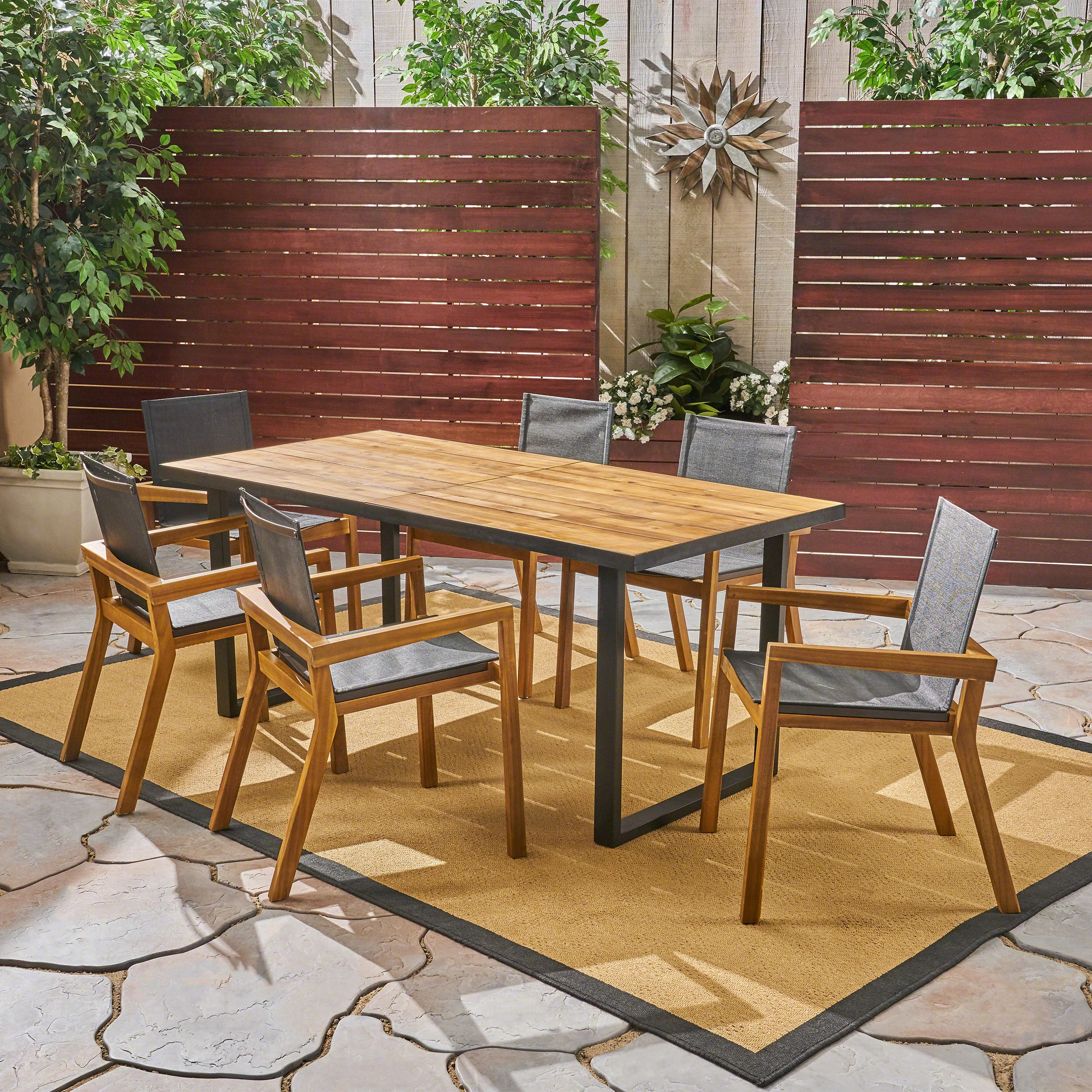 Jasmine Outdoor Acacia Wood 7 Piece Dining Set with Mesh Seats - furnishings