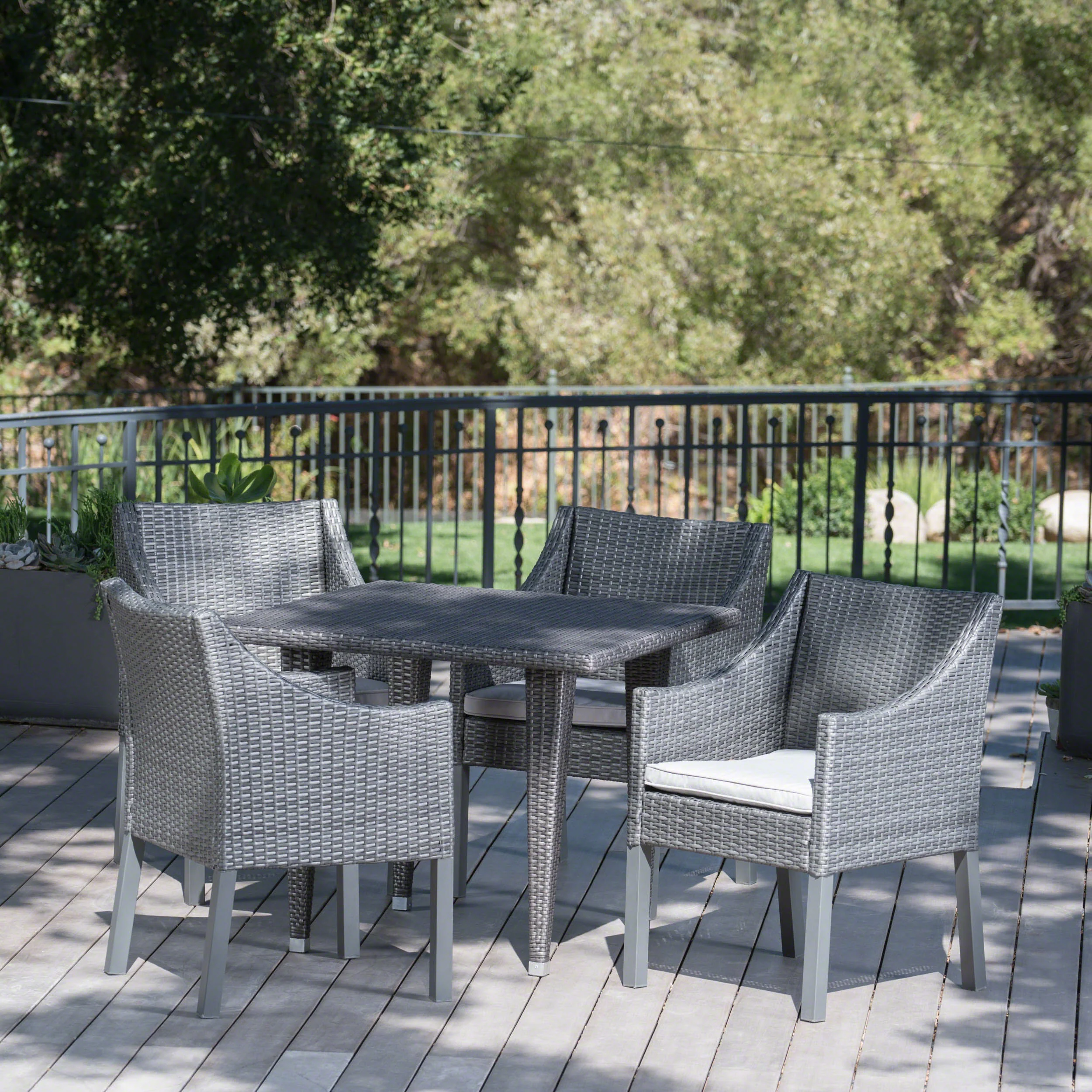 Del Mar Outdoor 5 Piece Gray Wicker Dining Set with Water Resistant Cushions - furnishings