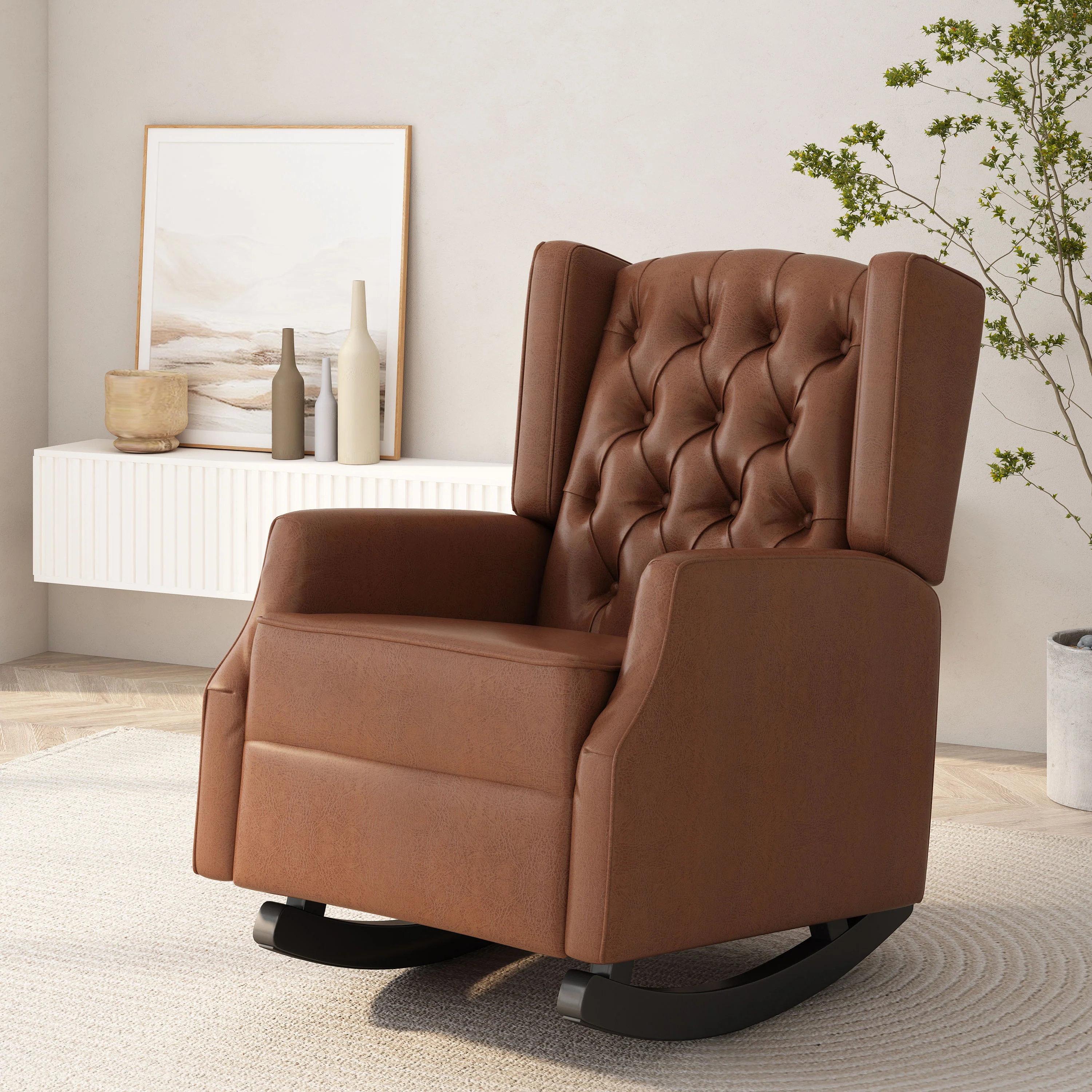 Amedou Contemporary Faux Leather Tufted Wingback Rocking Chair - furnishings