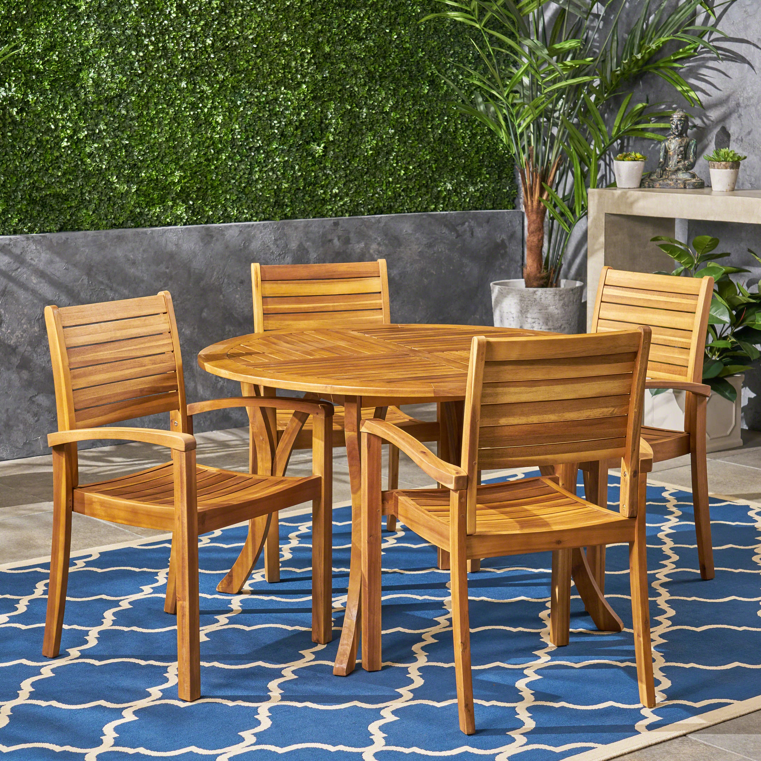 Payne Outdoor Rustic 5 Piece Round Acacia Wood Dining Set with Slats - furnishings