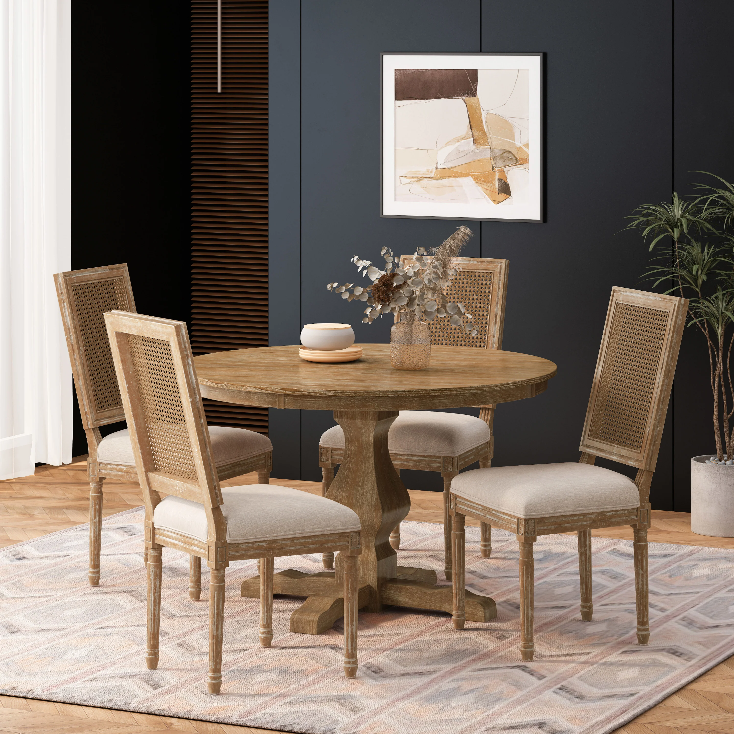 Merlene French Country Fabric Upholstered Wood and Cane 5 Piece Circular Dining Set - furnishings