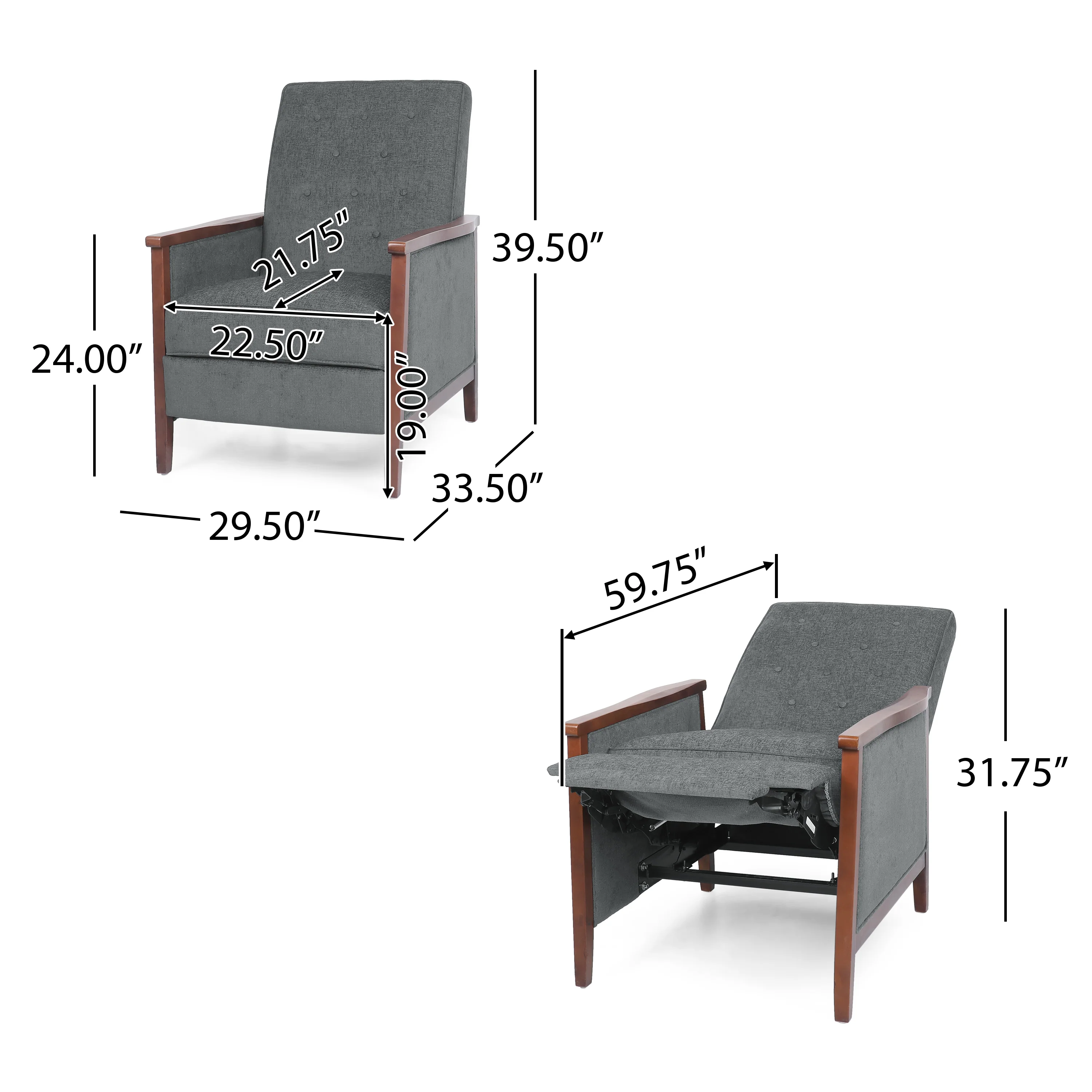 Albatros Mid Century Modern Fabric Tufted Wood Pushback Recliner - furnishings
