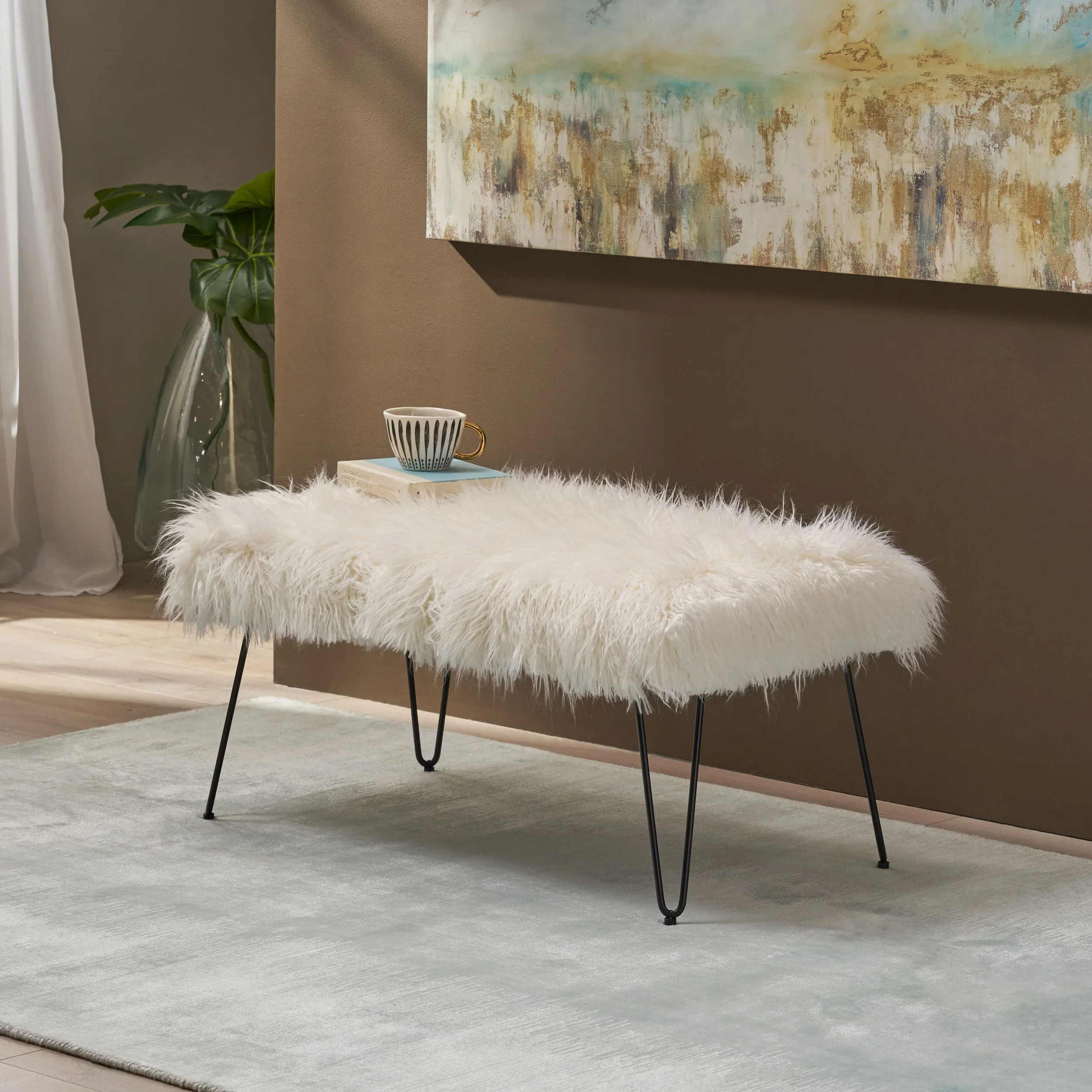 Louise Faux Fur Bench with Hairpin Legs - furnishings