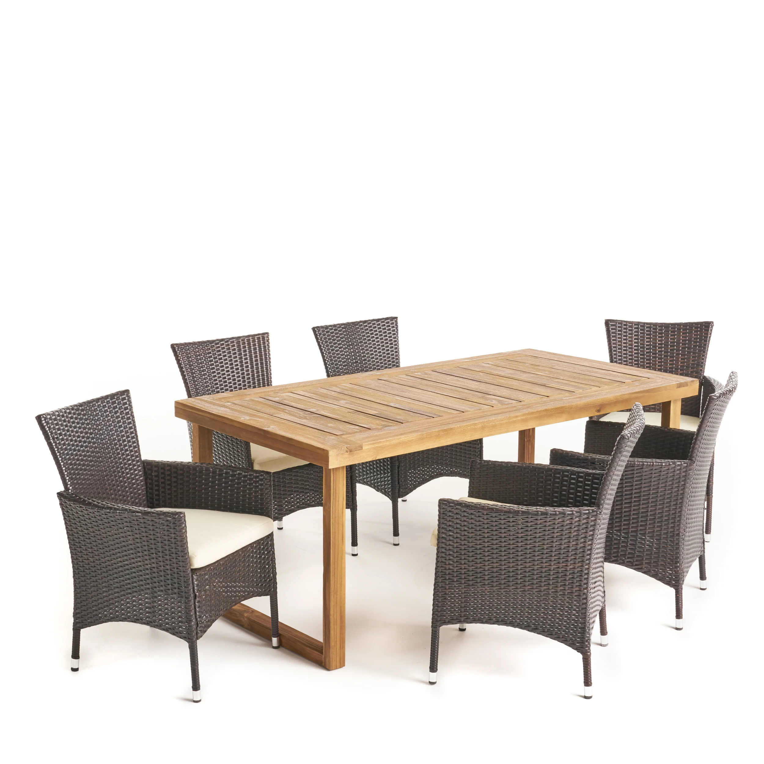 Fraser Outdoor 6-Seater Acacia Wood Dining Set with Wicker Chairs, Sandblast Natural Finish and Multi Brown and Beige - furnishings
