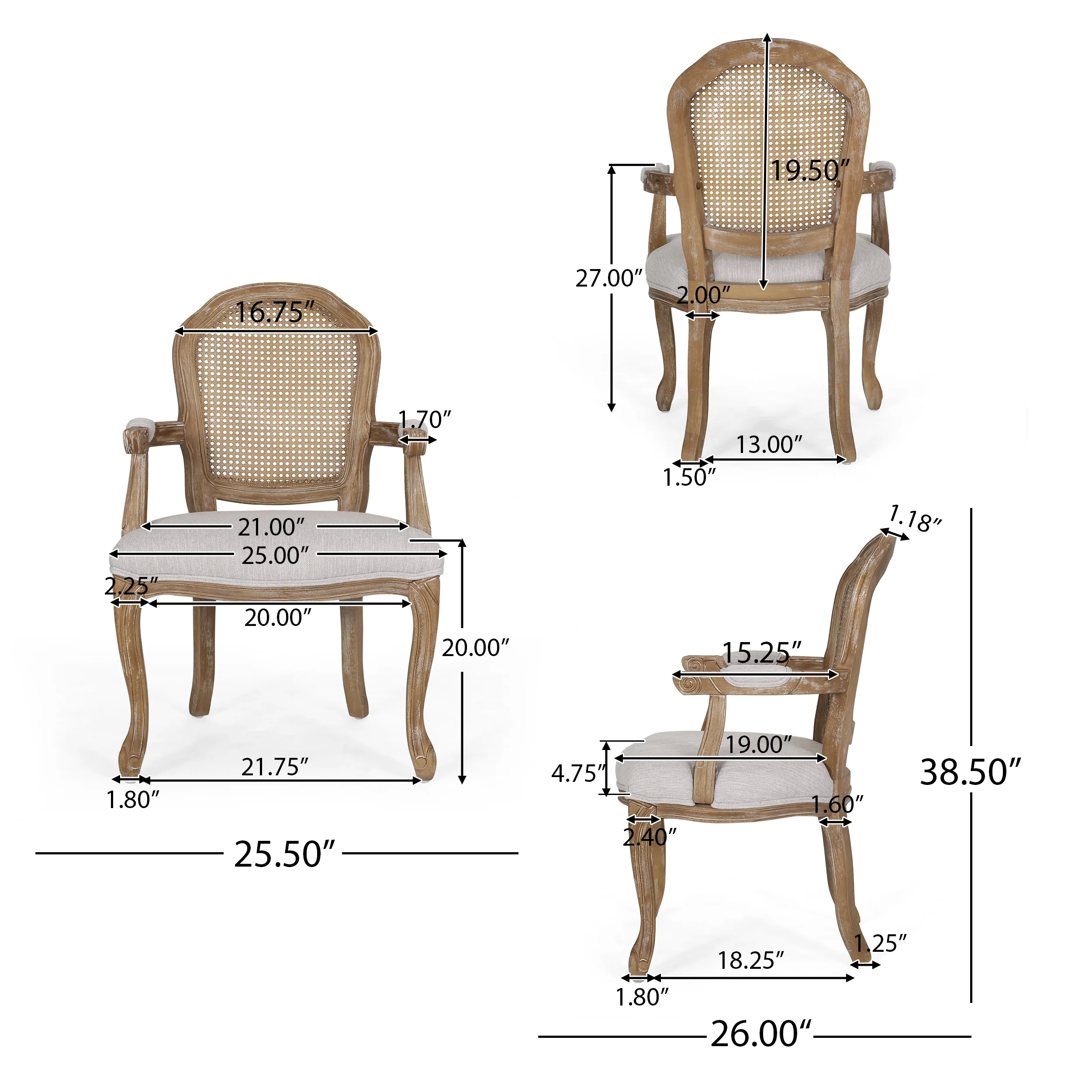 Mariette French Country Wood and Cane Upholstered Dining Chair, Set of 2 - furnishings
