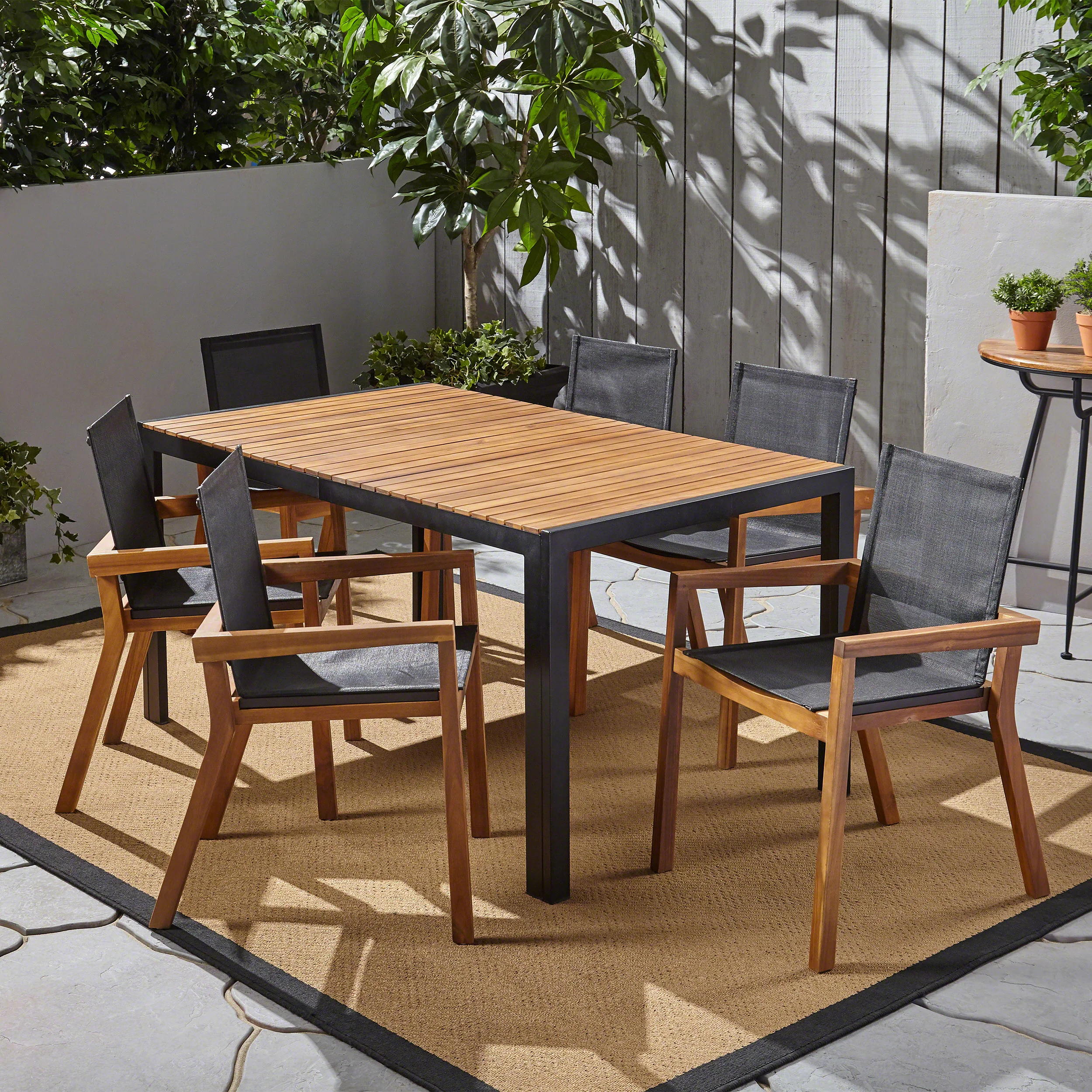 Aymee Outdoor 6-Seater Rectangular Acacia Wood and Mesh Dining Set - furnishings