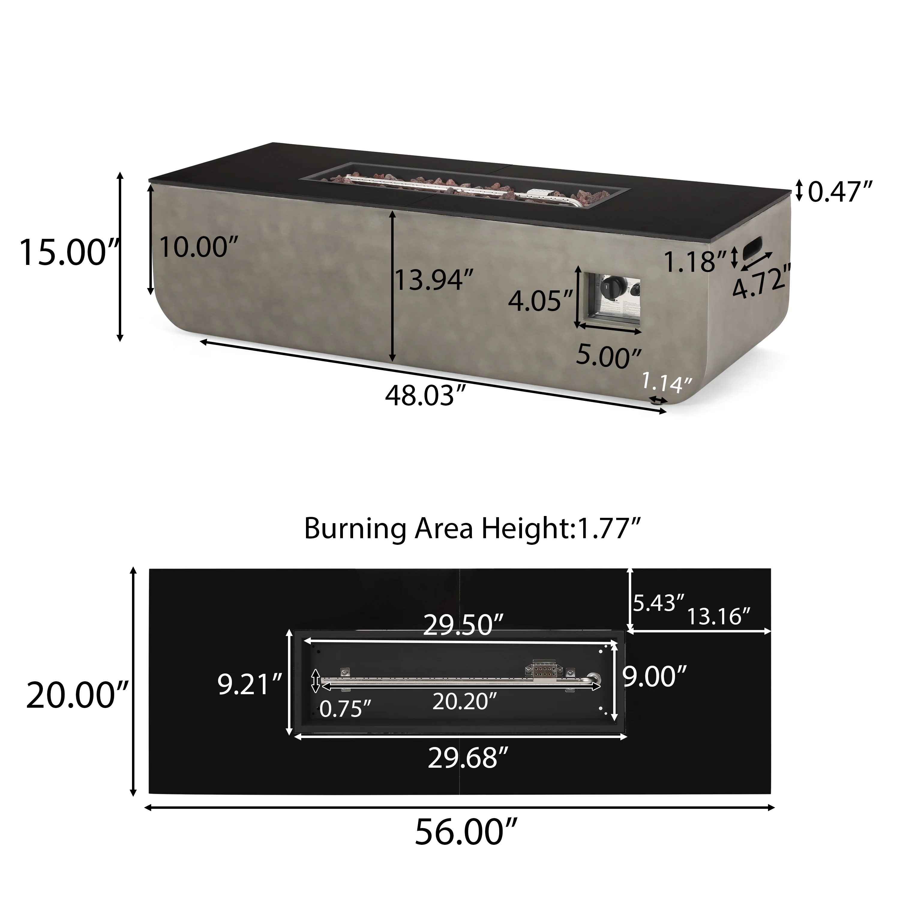 Riga Outdoor 50,000 BTU Lightweight Concrete and Ceramic Rectangular Fire Pit (No Tank Holder), Light Gray and Black - furnishings