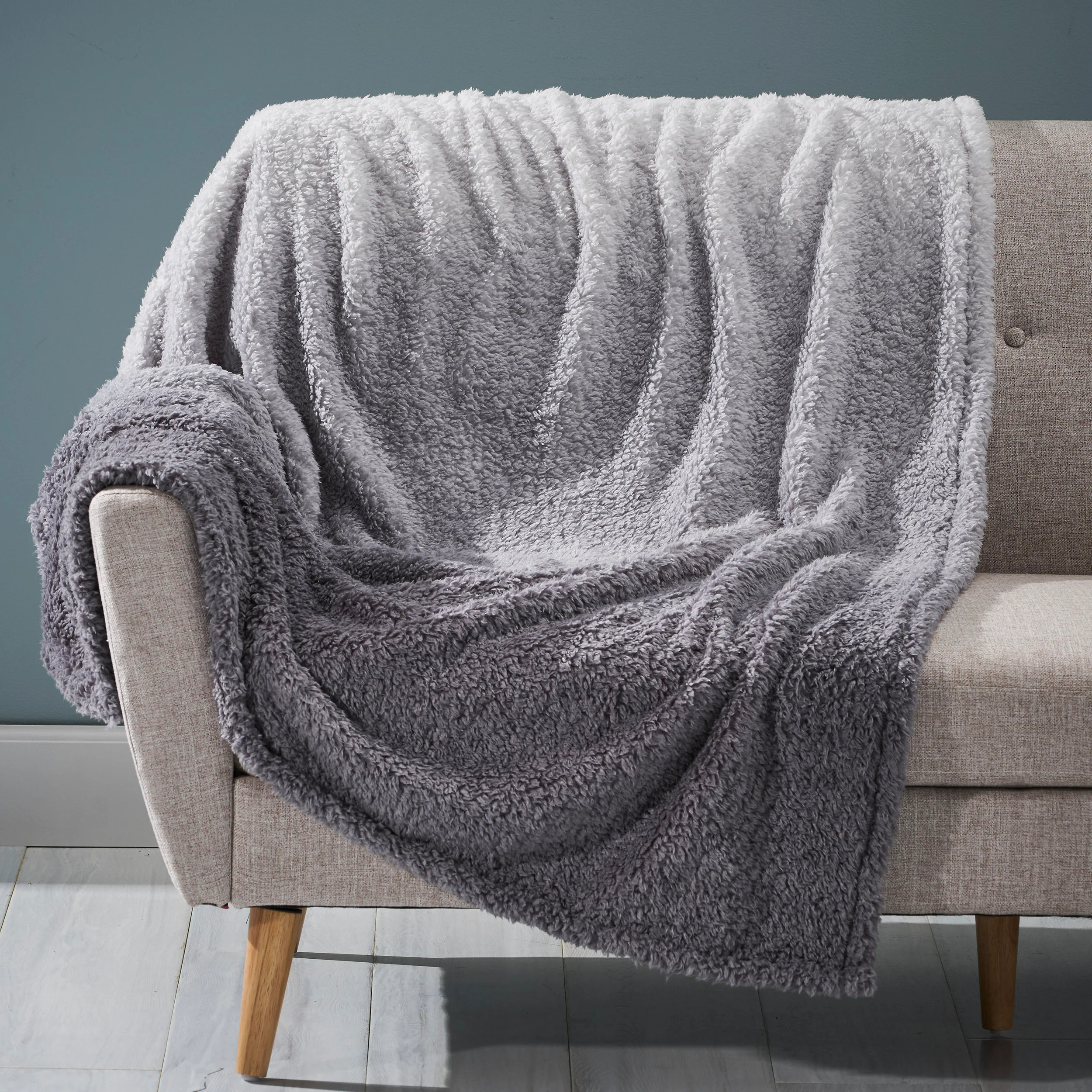 Morgan Modern Sherpa Throw Blanket, Gray and White - furnishings