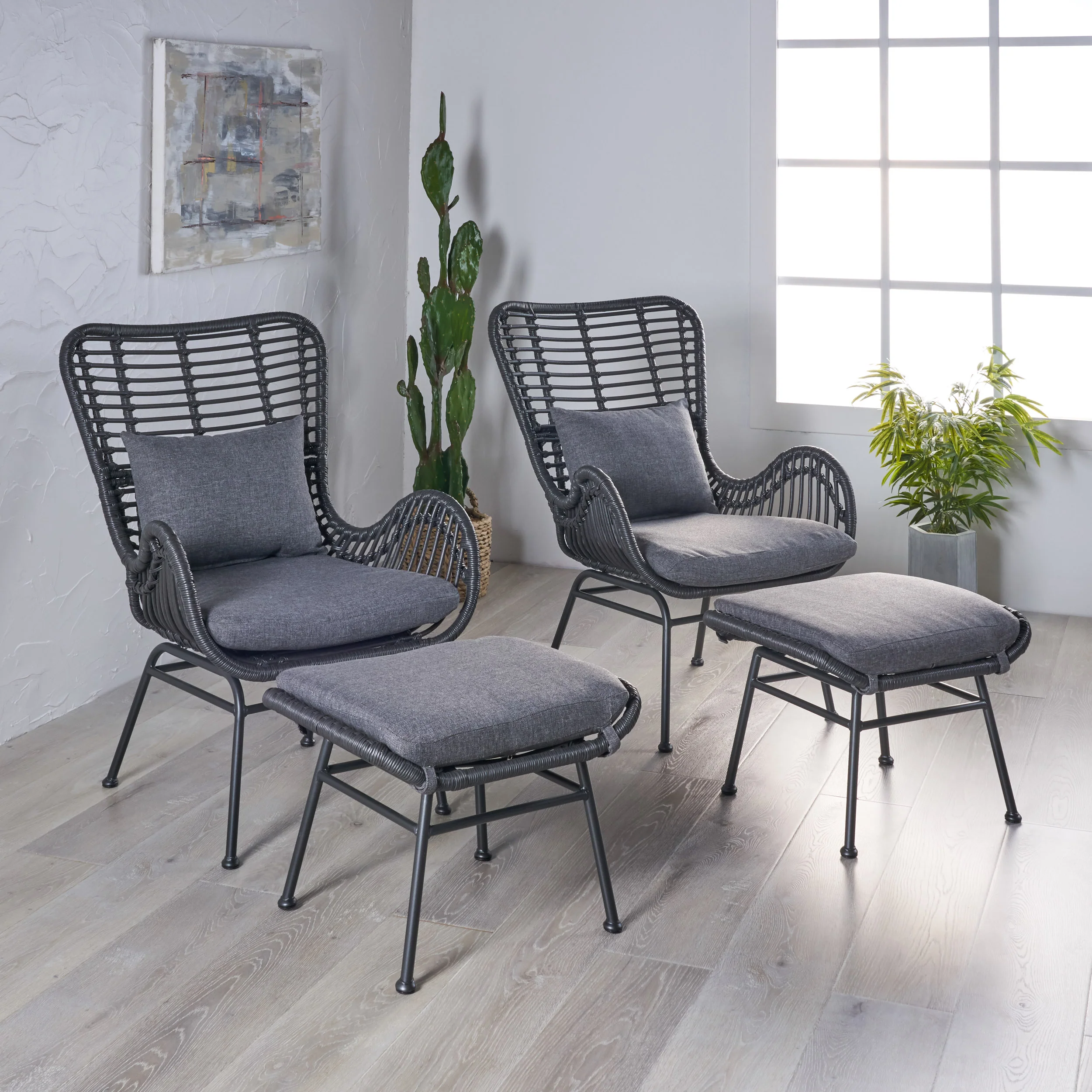 Izidro Indoor Boho Modern Wicker 4 Piece Club Chair and Ottoman Set - furnishings