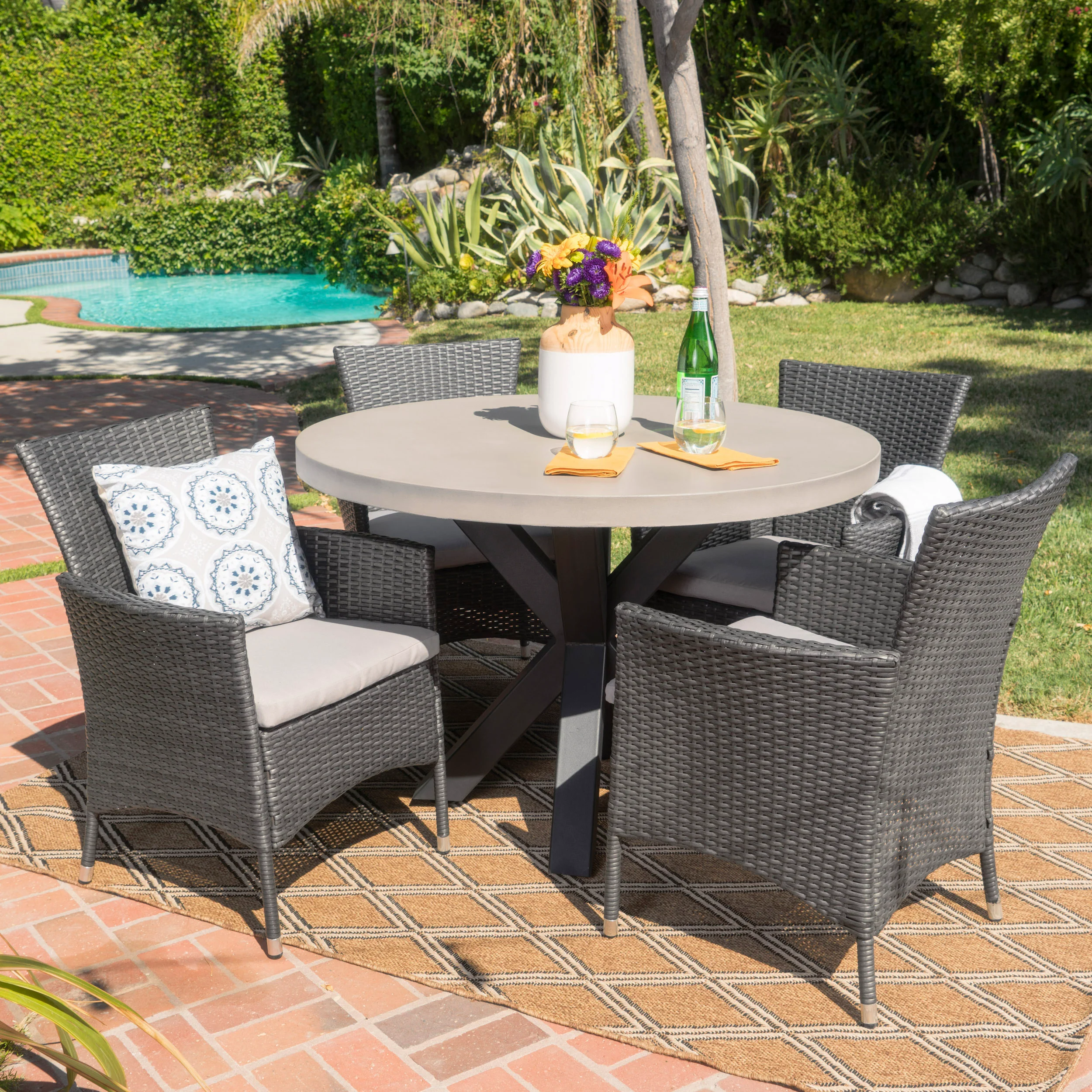 Sansai Outdoor Transitional 5 Piece Wicker Dining Set with Lightweight Concrete Table - furnishings