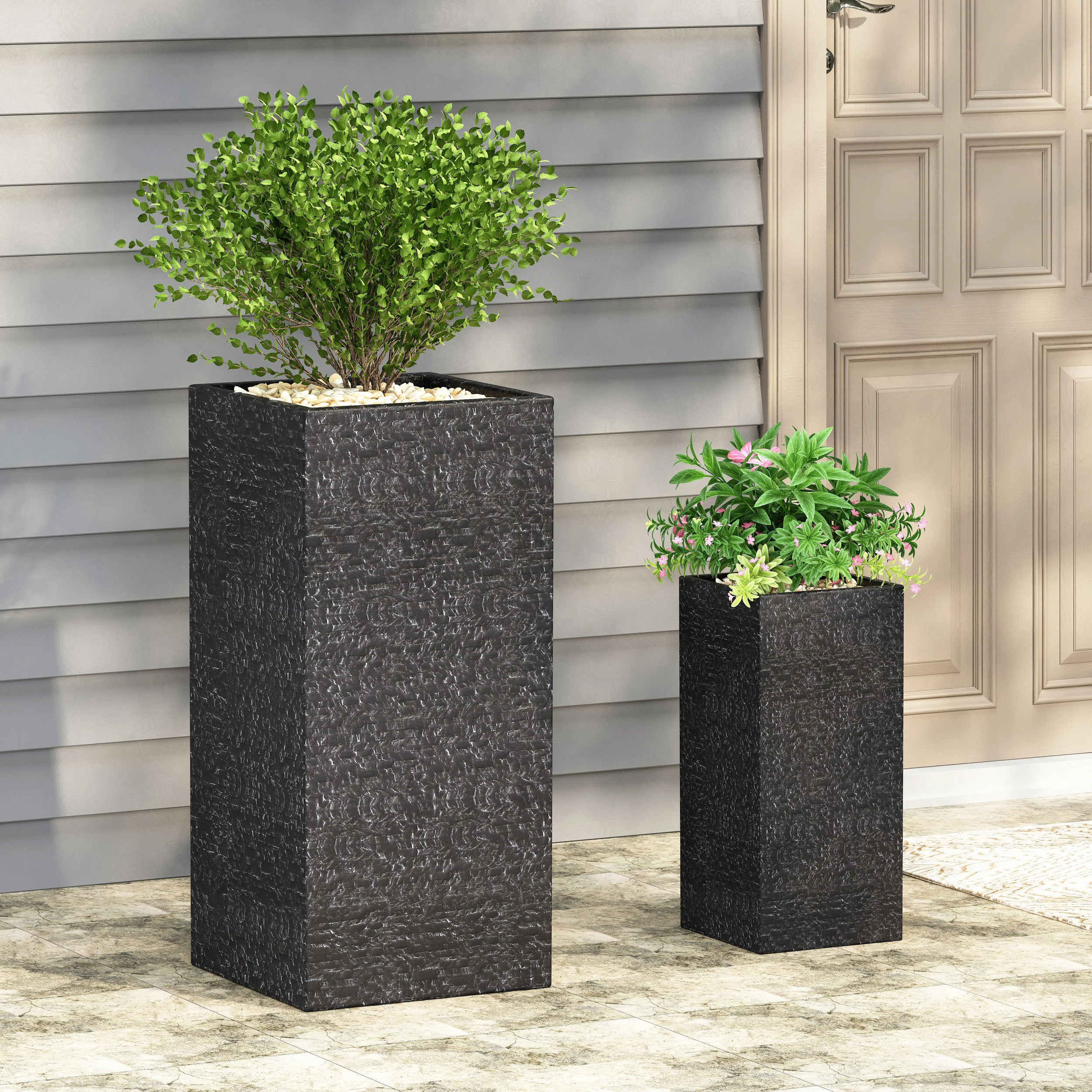 Leiman Outdoor Large and Small Cast Stone Planters, Set of 2, Gray - furnishings