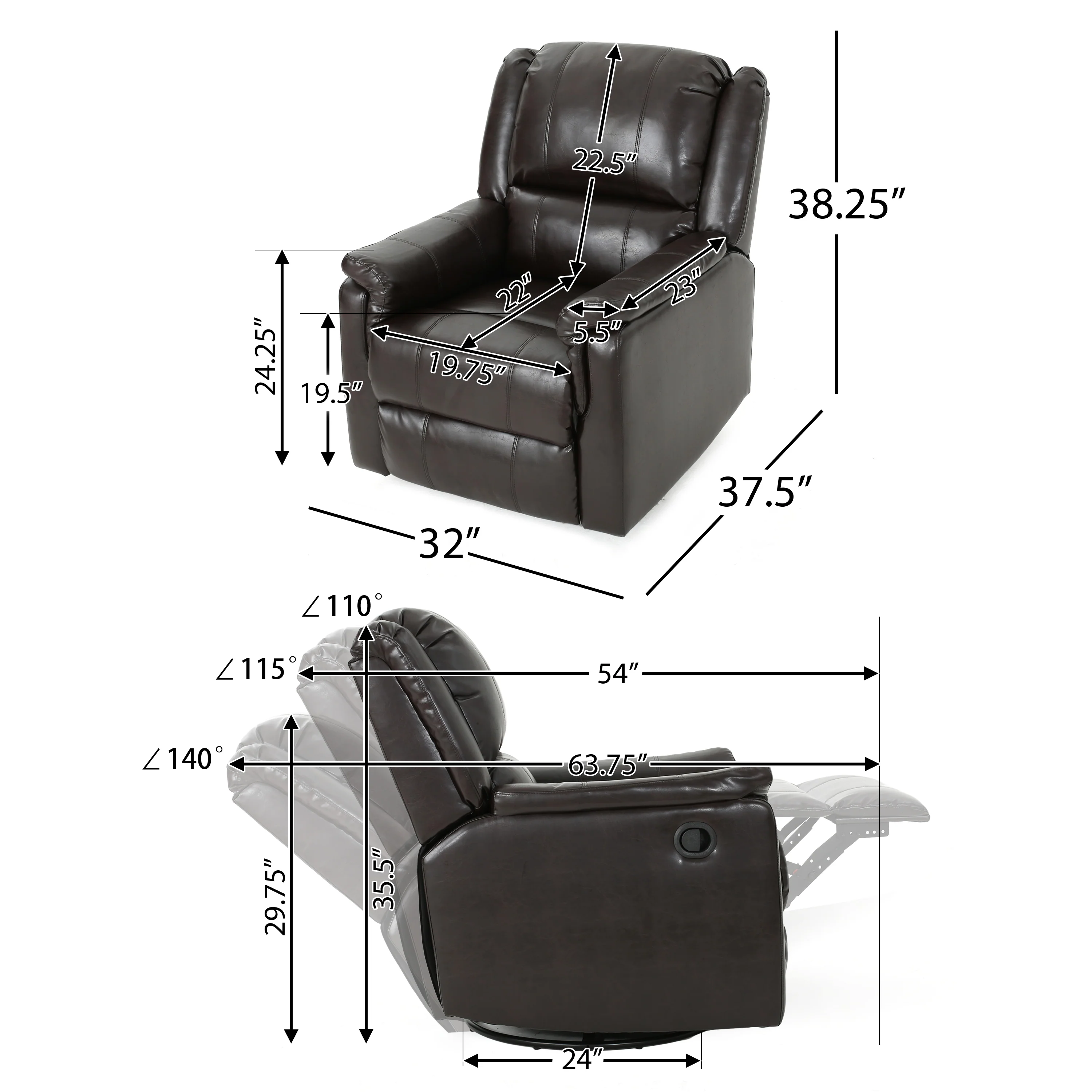 Jemma Tufted Brown Leather Swivel Gliding Recliner Chair - furnishings