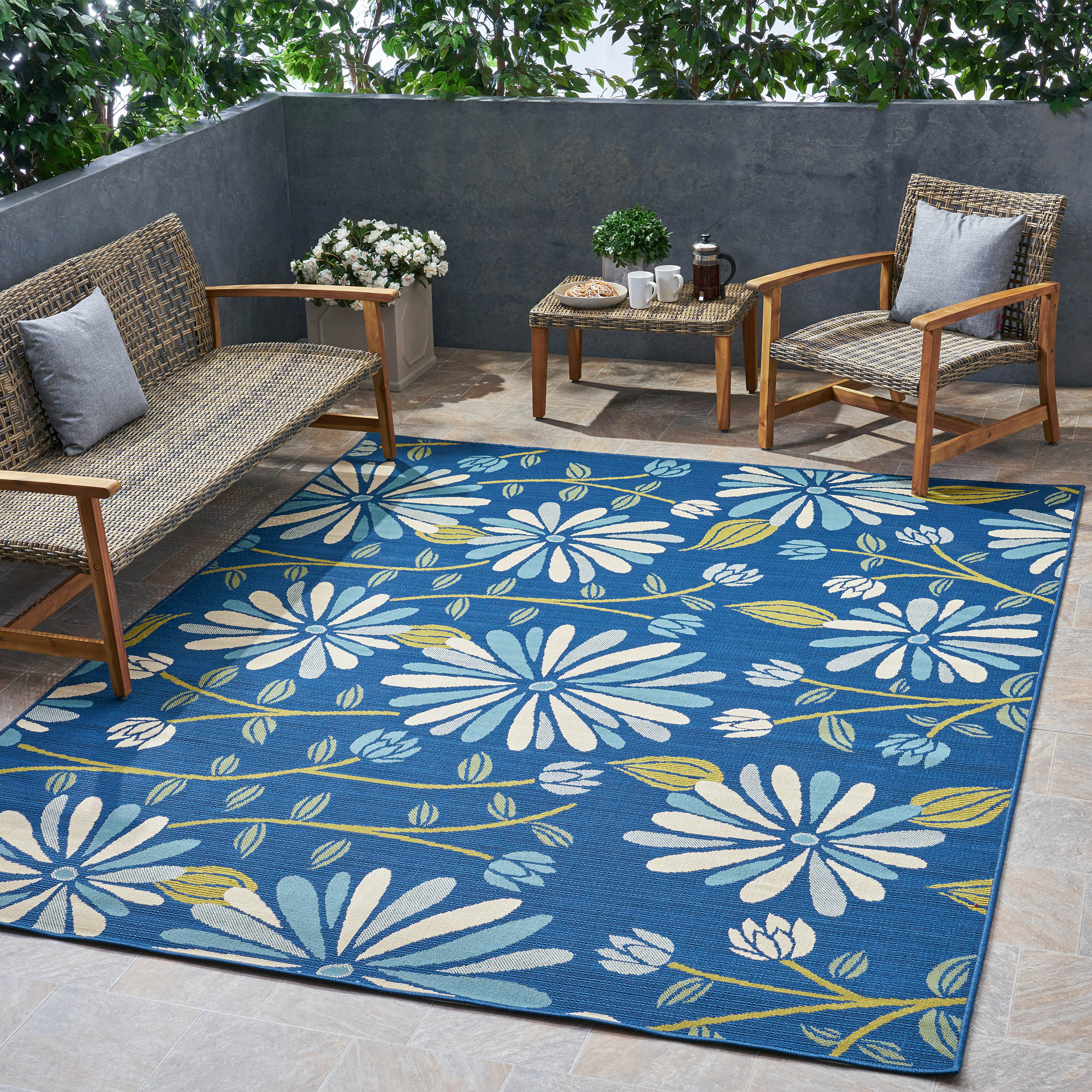 Berwyn Outdoor Floral Area Rug, Blue and Ivory - furnishings